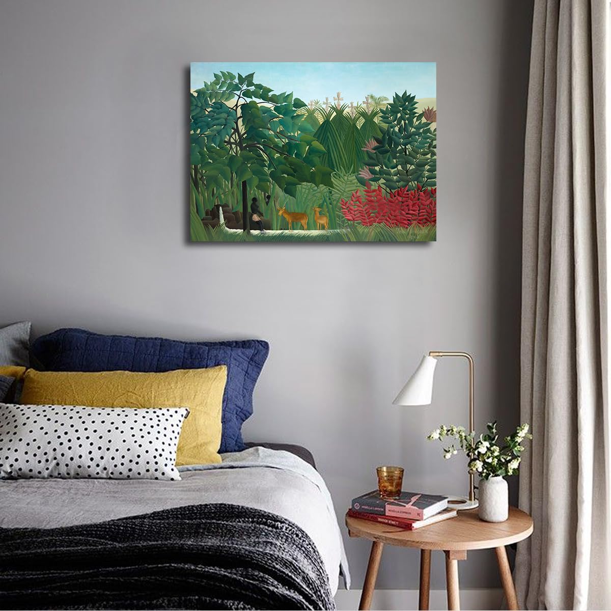 SHENGPOSTER Tropikalny las tropikalny uroczy jeleń płótno sztuka ścienna Henri Rousseau wodospad druk malarstwo Giclee wibrująca botaniczna dekoracja ścienna bezramowy plakat 70x90cm