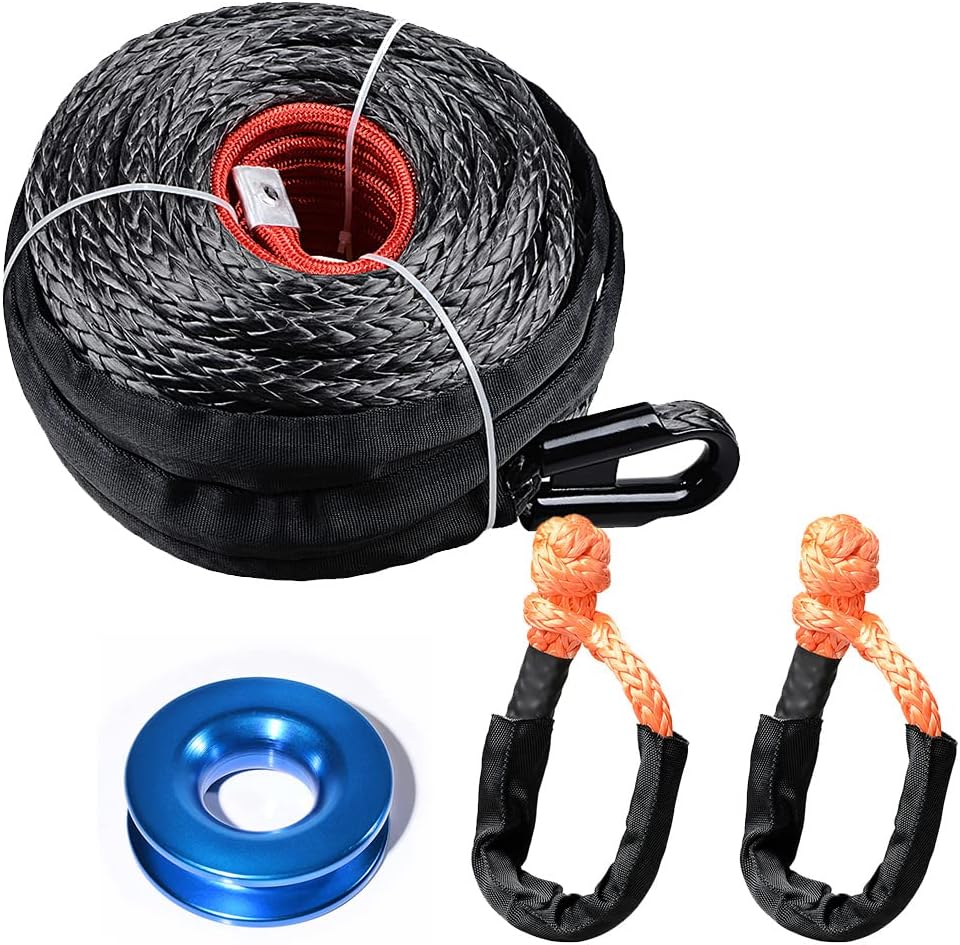 Black 92' x 1/2" Synthetic Fiber Winch Rope Line Cable 22,000LB+ Blue Aluminum Recovery Snatch Ring Pulley Roller 41,000LB+ Pair Orange 22" Soft Shackle Towing Straps 38,000LBs