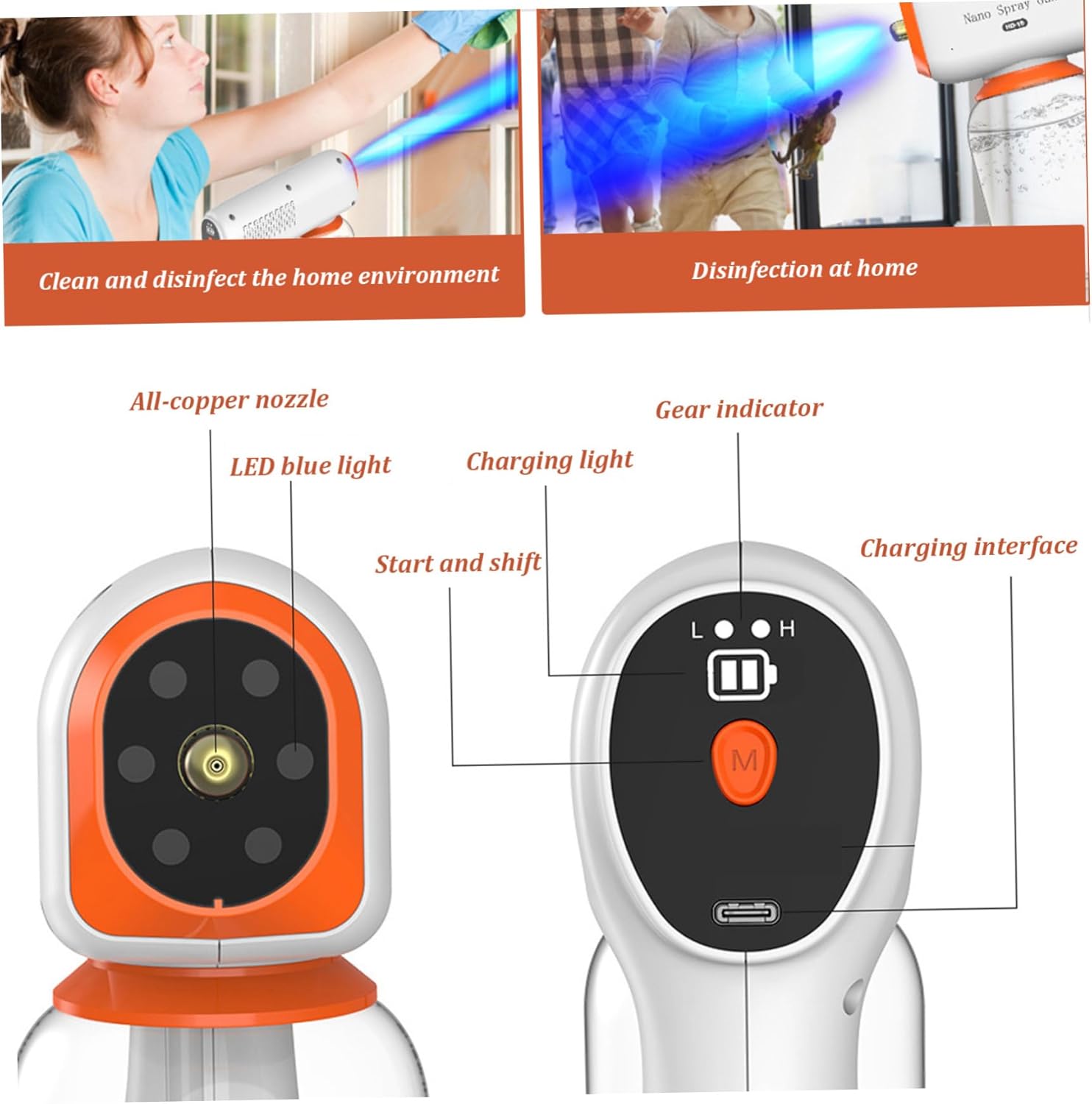 Fogger Machine Handheld 1200mAh Spray Gun with Blue Light 2 Level Mist Sprayer Rechargeable Ergonomic 300ml Detachable Washable Multipurpose Mini Fogger