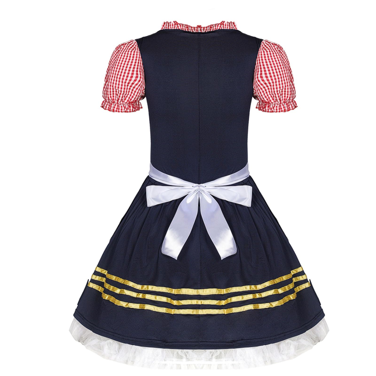 Costume da Cameriera Tedesca dell'Oktoberfest, Blu Navy con Corpetto a Quadri Rosa, Completo Professionale for ristoranti e Bar