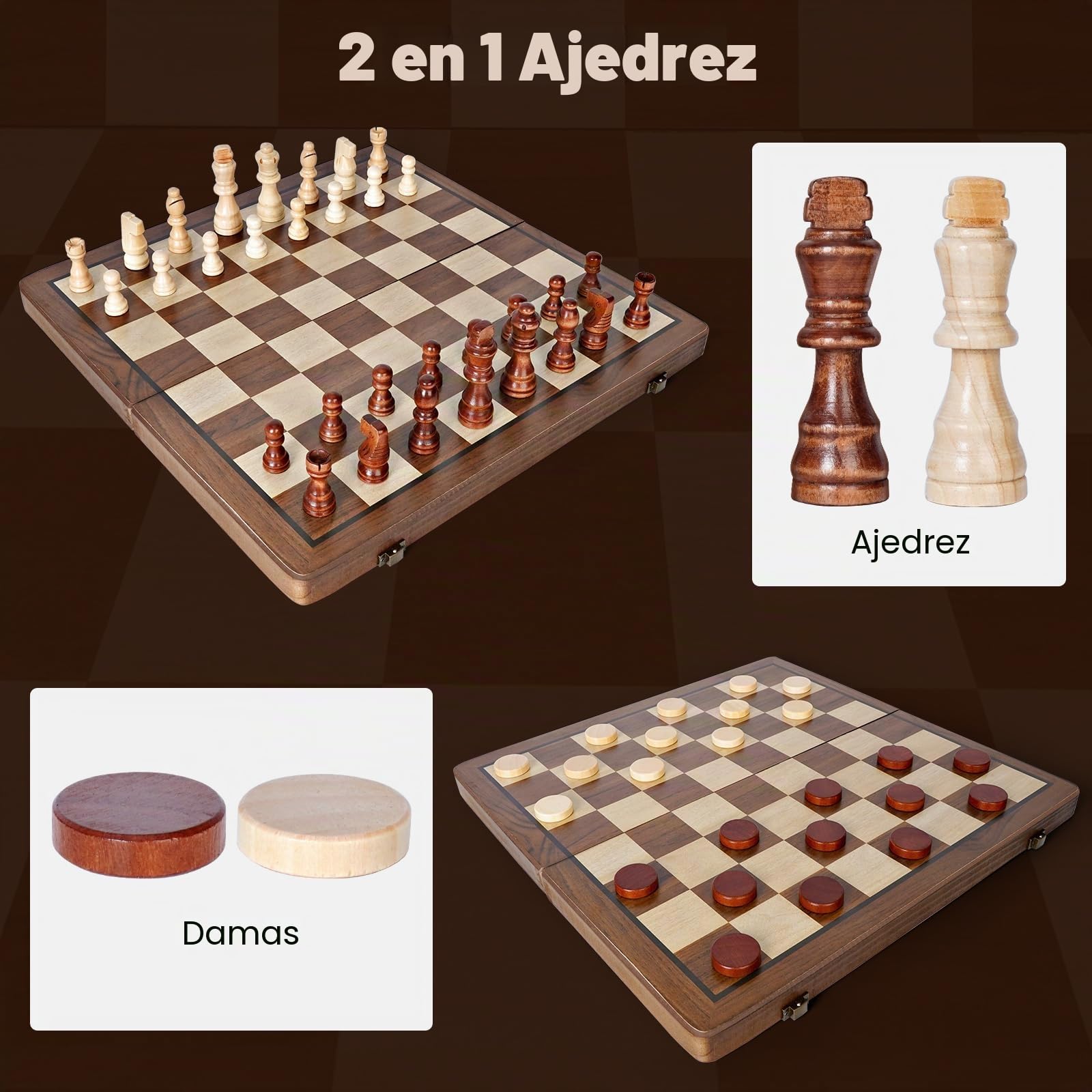 Ajedrez Magnetico Plegable, 2 en 1 Ajedrez Madera 39×39 cm Tablero de Magnetic Chess Game, Chess Set Damas Juego de Mesa con Bolsa de Almacenamiento, Juego para Viaje y Fiesta