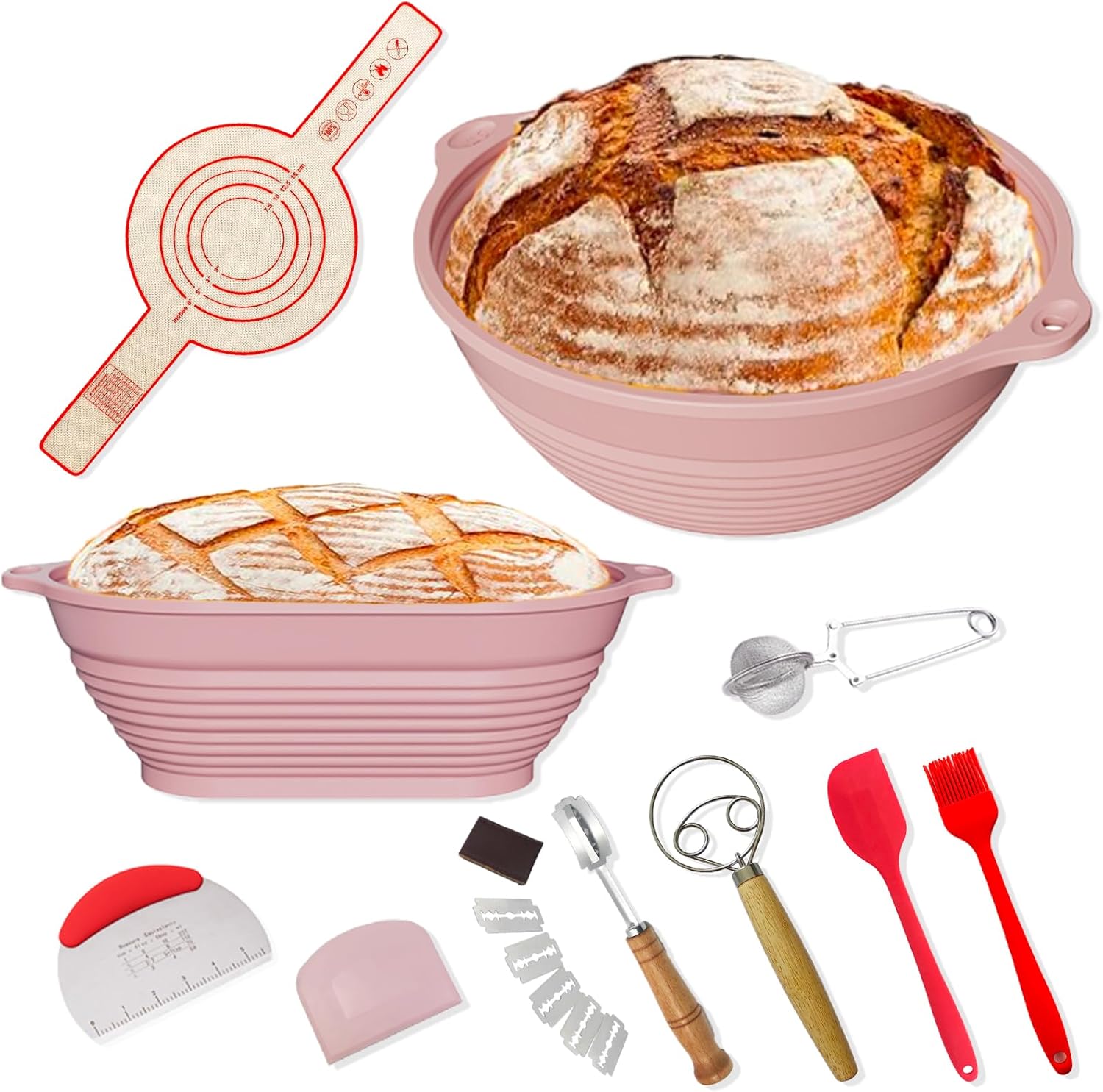 Silicone Bread Proofing Baskets for Sourdough,Banneton Basket Kit Includ 9 Inch Round & 10 Inch Oval Foldable Sourdough Proofing Basket,Bread Making Essential Tools, Easy to Clean and Storage (Pink) - Image 2