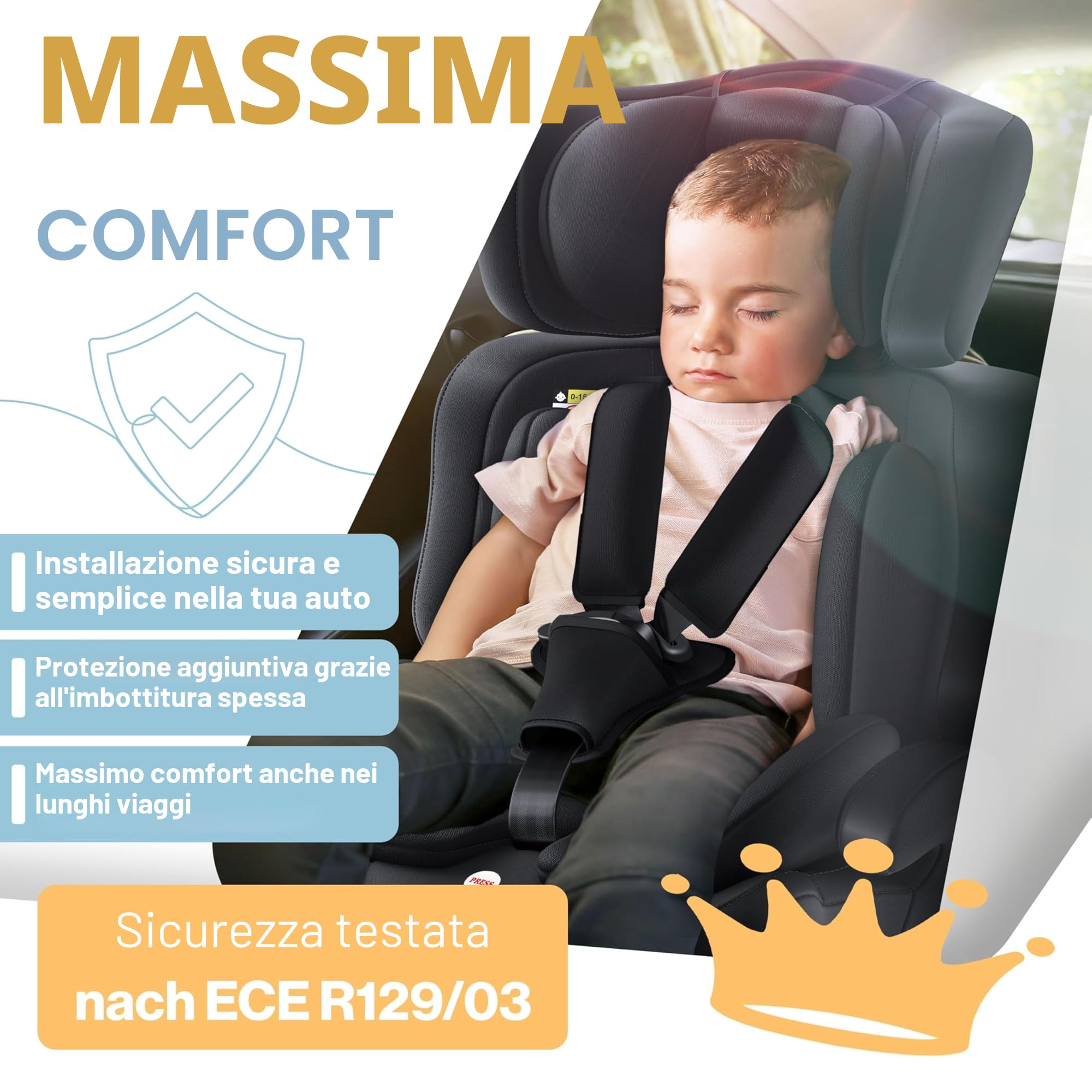 KIDIZ® Seggiolino auto i-Size R129, da 100 a 150 cm fino a 12 anni, gruppo 1/2/3, senza Isofix, seggiolino per bambini che cresce con il piede, cintura a 5 punti e poggiatesta regolabile in altezza
