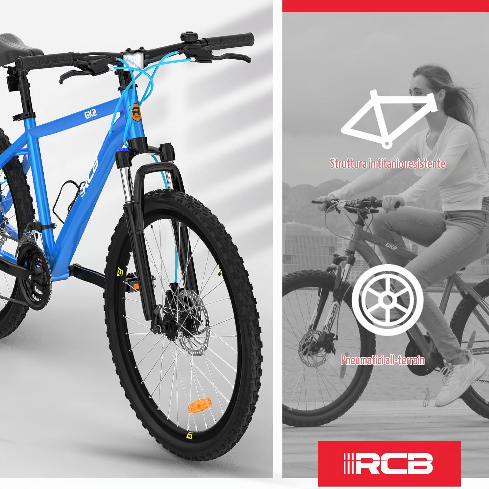 RCB GK2 26" mountain bike, 21 marce, telaio in alluminio, forcella ammortizzata, freno a disco meccanico, porta bevande, ideale per il tempo libero e il fitness, adatto per ragazzi e adulti