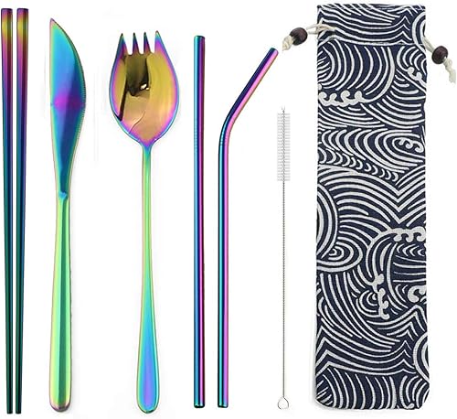 Jashi 304 - Juego de cubiertos reutilizables de acero inoxidable con pajitas y paños para camping, oficina, picnic, apto para lavavajillas