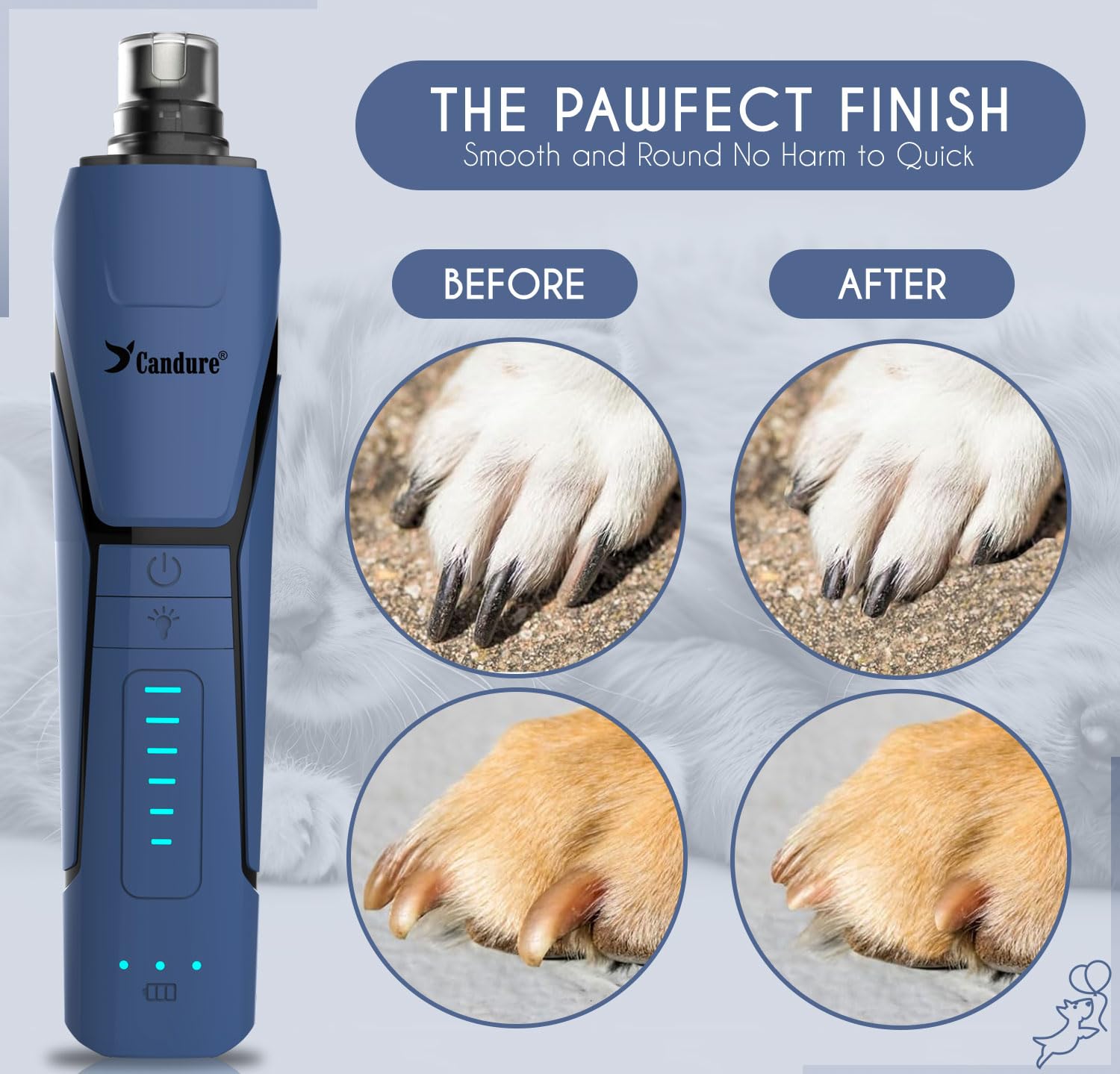 Candure Dog Nail Grinder Upto 6-Speed Dog Nail Trimmer for Large, Medium, Small Dogs, Cats & Pets - Low Noise Rechargeable Dog Claw Grinder with 360° LED Lights & Extra Grinder Head (Dark Blue) - image 2