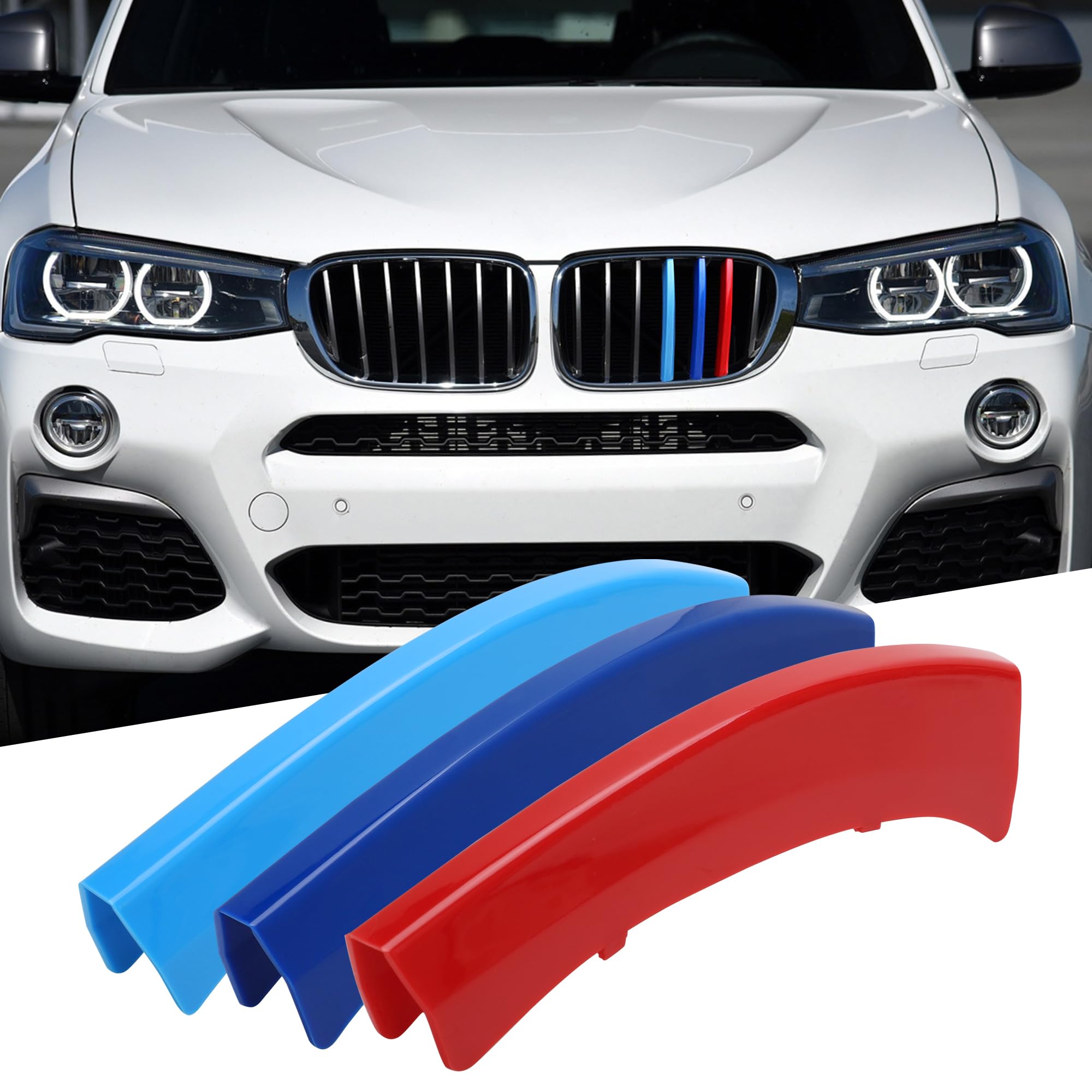 TOMALL Grille Inserts Trims Compatible with BMW X3 F25 2011-2017 X4 F26 2014-2018 Grill Stripes Exterior Car Accessories M-Colored Tri Color Grille Insert Buckle Front Center Kidney Grilles 7 Beams