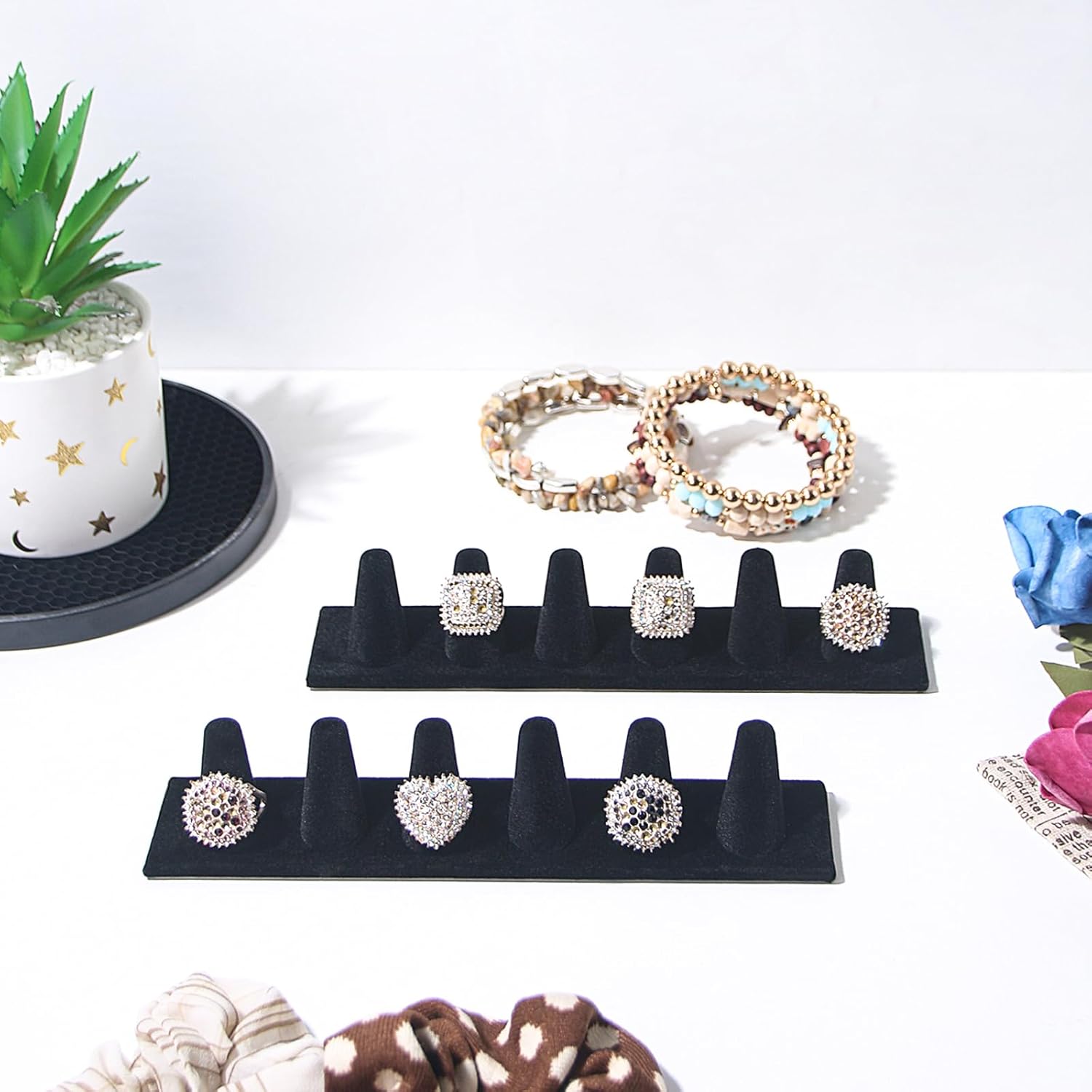 Velvet 6 Finger Ring Display Stand, Ring Holder Organizer, Ring Holder Stand for Selling, Jewelry Ring Storage for Home Desk Drawer (Black 2PC) - Image 3