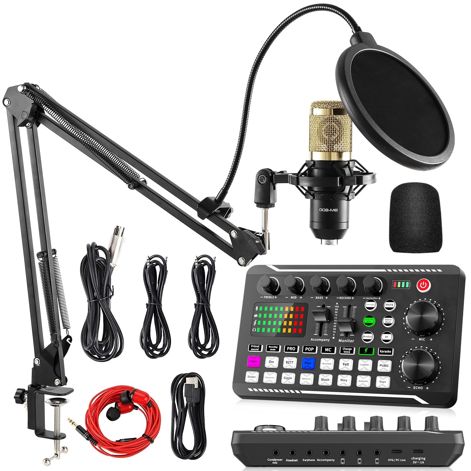Facmogu Podcast Equipment Bundle, F998 Live Sound Card with BM800 Recording Studio Microphone