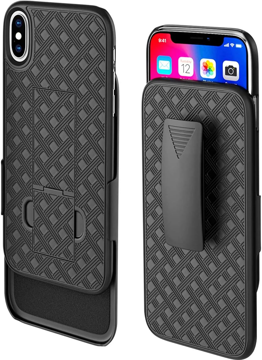 PiTau Holster Case Designed for iPhone X/XS, Hard Belt Clip Case Holster Combo Case with Kickstand with Belt Clip, Holster Case Compatible with Apple iPhone X iPhone Xs / iPhone 10 - Black
