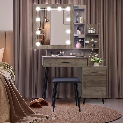 Miniatura 3 de Karl home Mesa de tocador con espejo deslizante iluminado mesa de maquillaje moderna con estación de carga 2 cajones estantes de almacenamiento