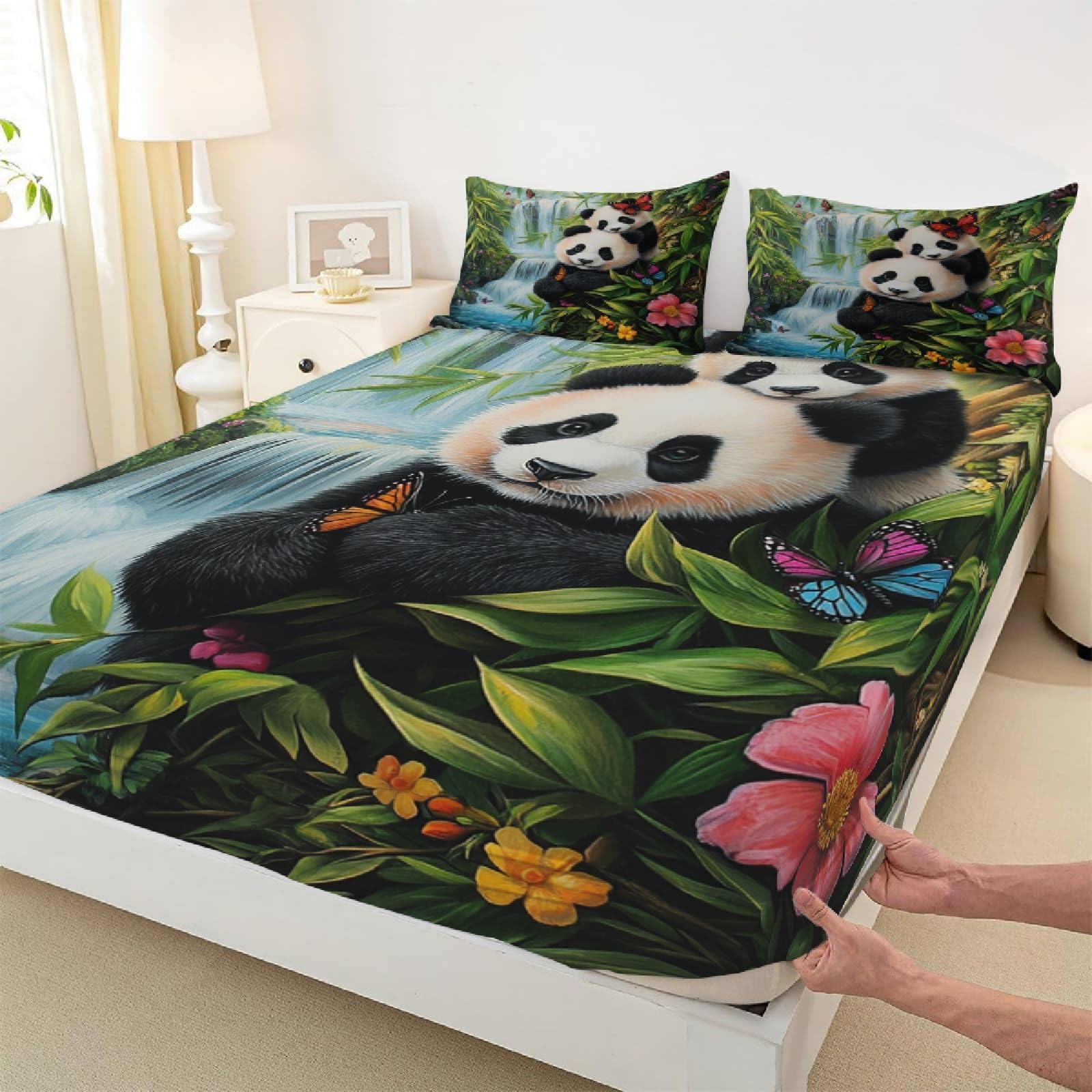 Drap Housse 200x200 cm Grand Bonnet 30 cm - Panda Mignon Linge de Lit 2 Personnes Doux et Confortable en Microfibre - Lot de 3 Draps Housses Cascade de Plantes Vertes avec 2 Taie d'oreiller