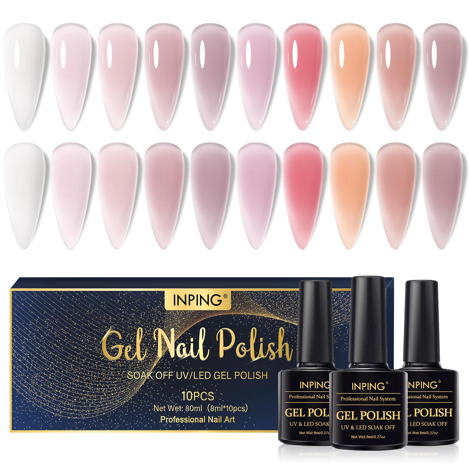INPING Esmalte Semipermanente de Uñas, 10 Color Jalea Lácteo Transparente Pintauñas Gel, Rosa Desnudo Blanco Lechoso Marrón Natural Principiantes Semipermanente UV LED para Kit Manicura Francés