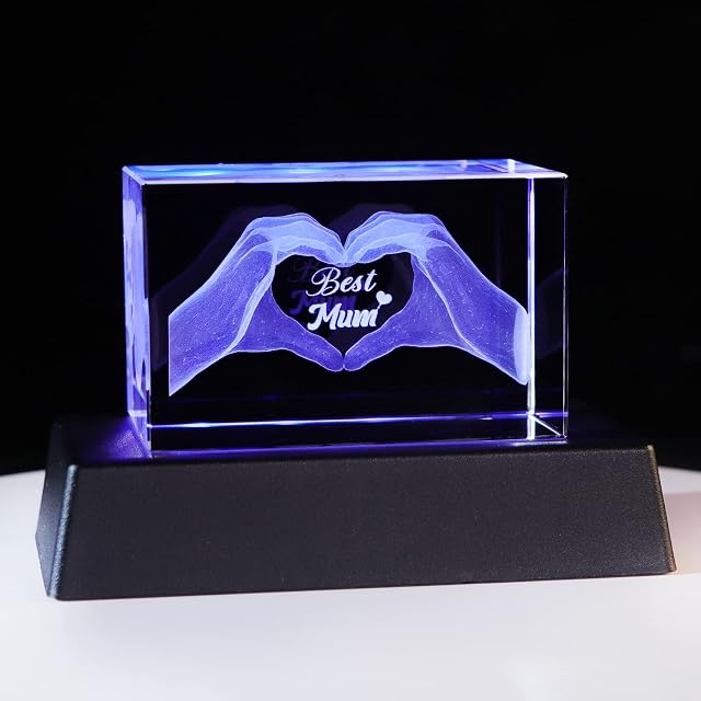 Crystal Best Mum Birthday Gifts Figurines, Glass Engraved 3D Heart in Hands Funny Night Light Ornament for Mummy on Christmas, Love Keepsake Presents for Mother's Day from Daughter or Son