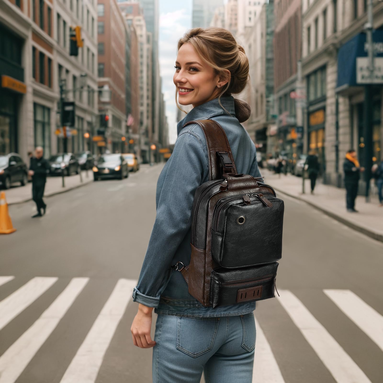Mochila vintage de piel sintética para hombre, bolsa cruzada, correa de hombro ajustable, mochila compacta para viajes, uso diario y regalo 6