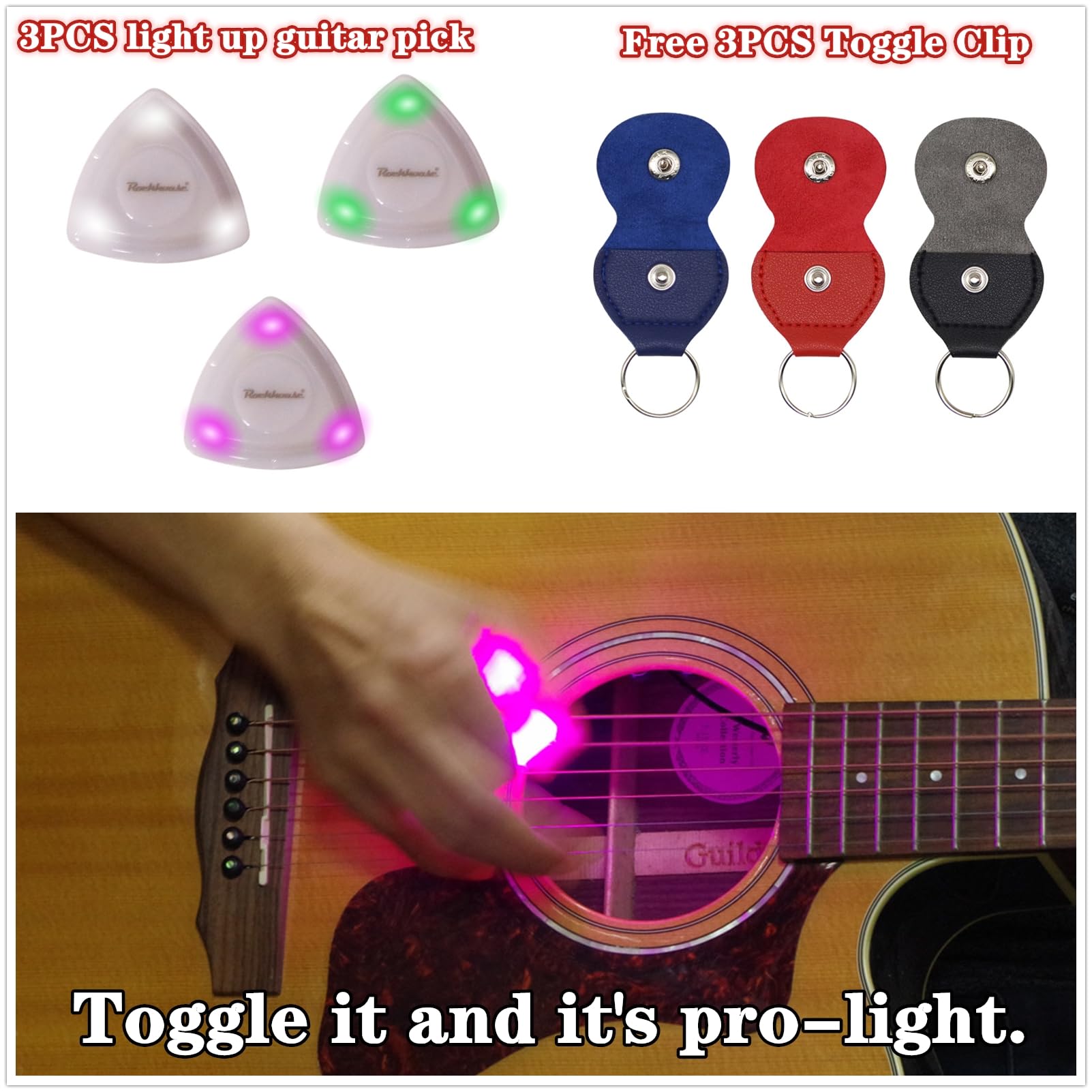 Podświetlana kostka gitarowa, podświetlany plektron gitarowy, kreatywny pluck gitarowy i klipsy do torby plektron, zestaw klipsów do torby na ukulele, podświetlany lekki przenośny pluck