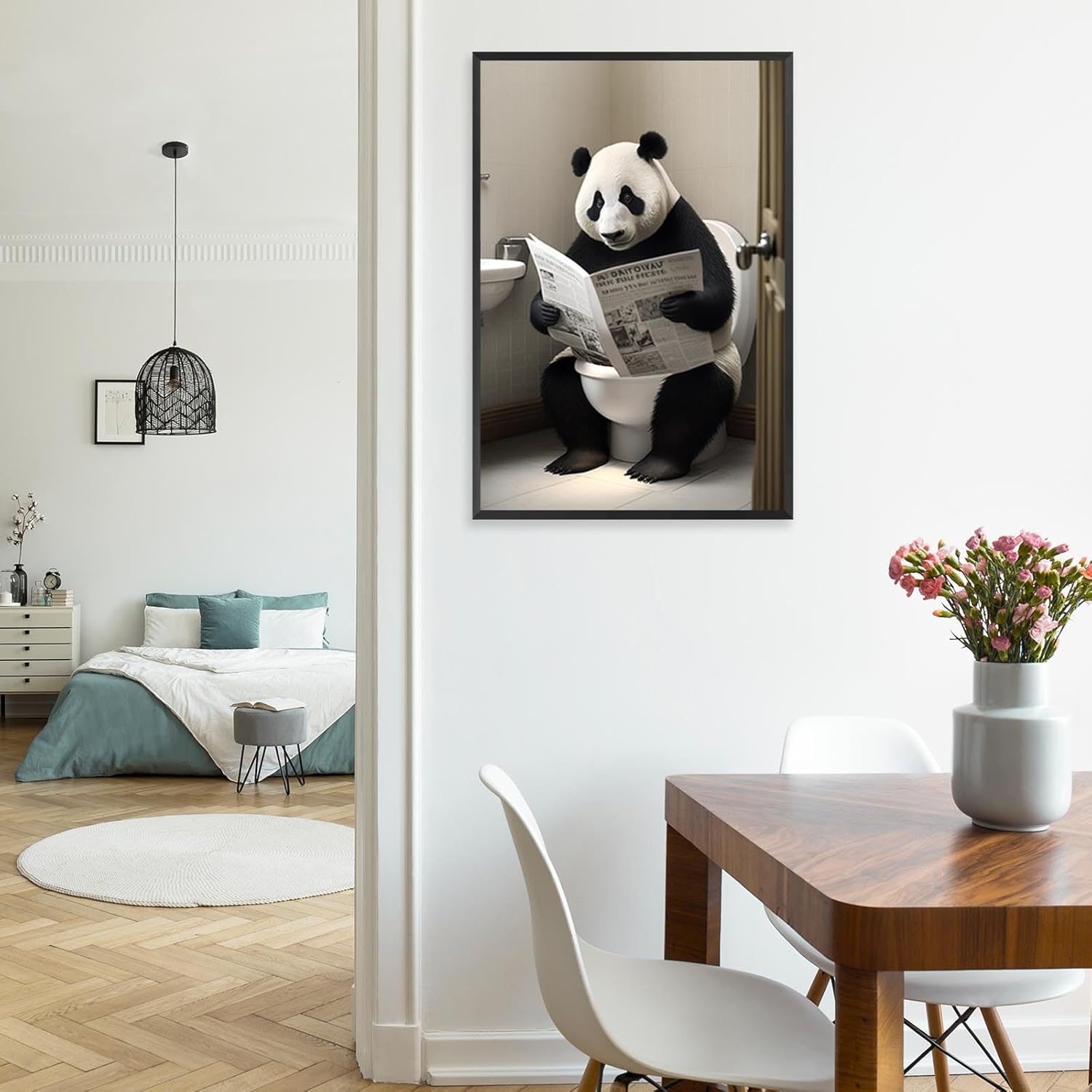 KOEUIRW Funny Panda Bathroom Canvas Wall Art Cute Panda In Toilet Posters Black and White Animal Prints Painting Maximalist Mid Century Modern Aesthetic Wall Decor for 24x36in Framed