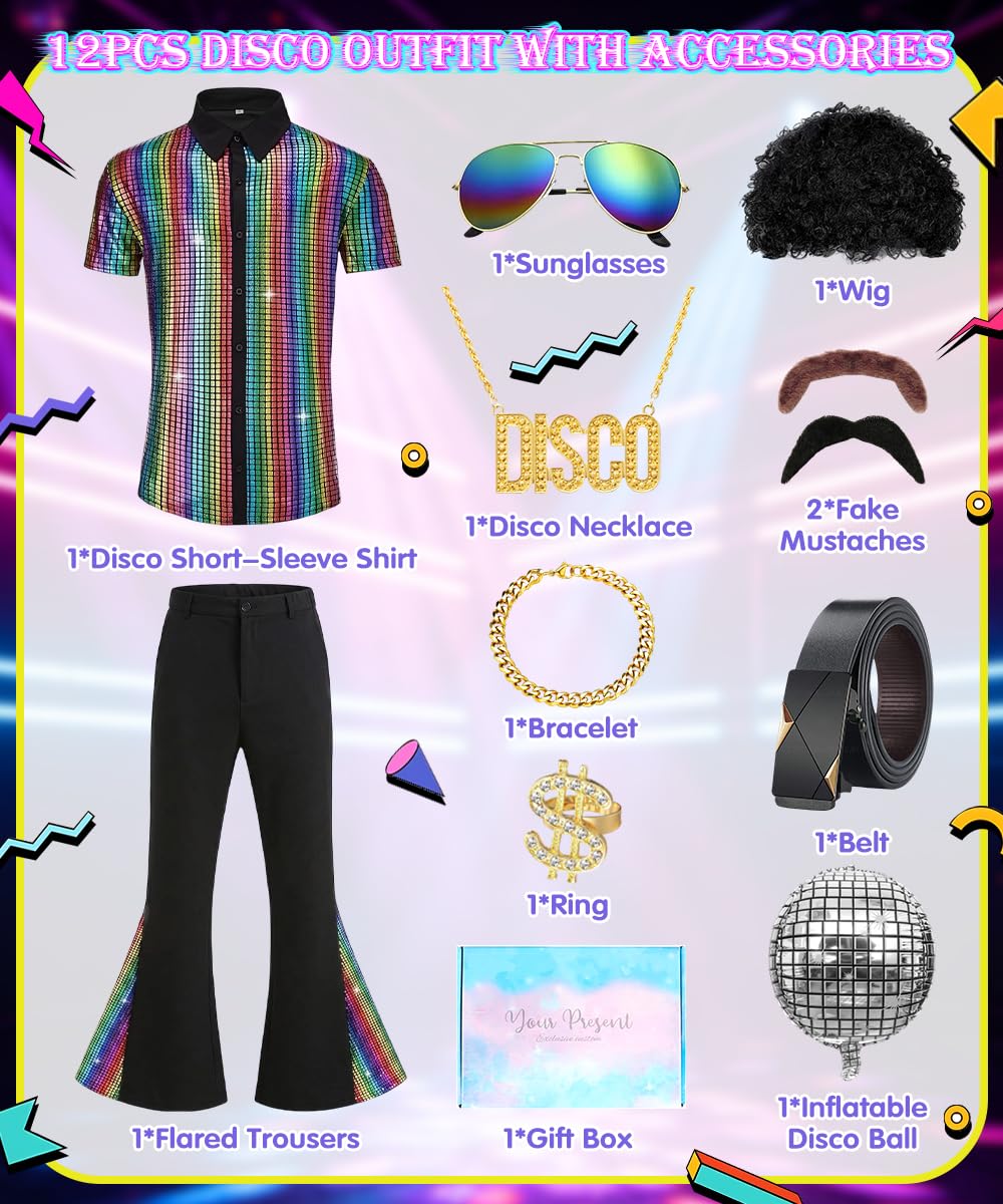 70er Jahre Outfit Herren, Disco Kostüm mit Perücke, Schnurrbart, Halskette, Faschingskostüme Herren, 70er Jahre Disco Kostüm für Karneval, Halloween, Cosplay und Party