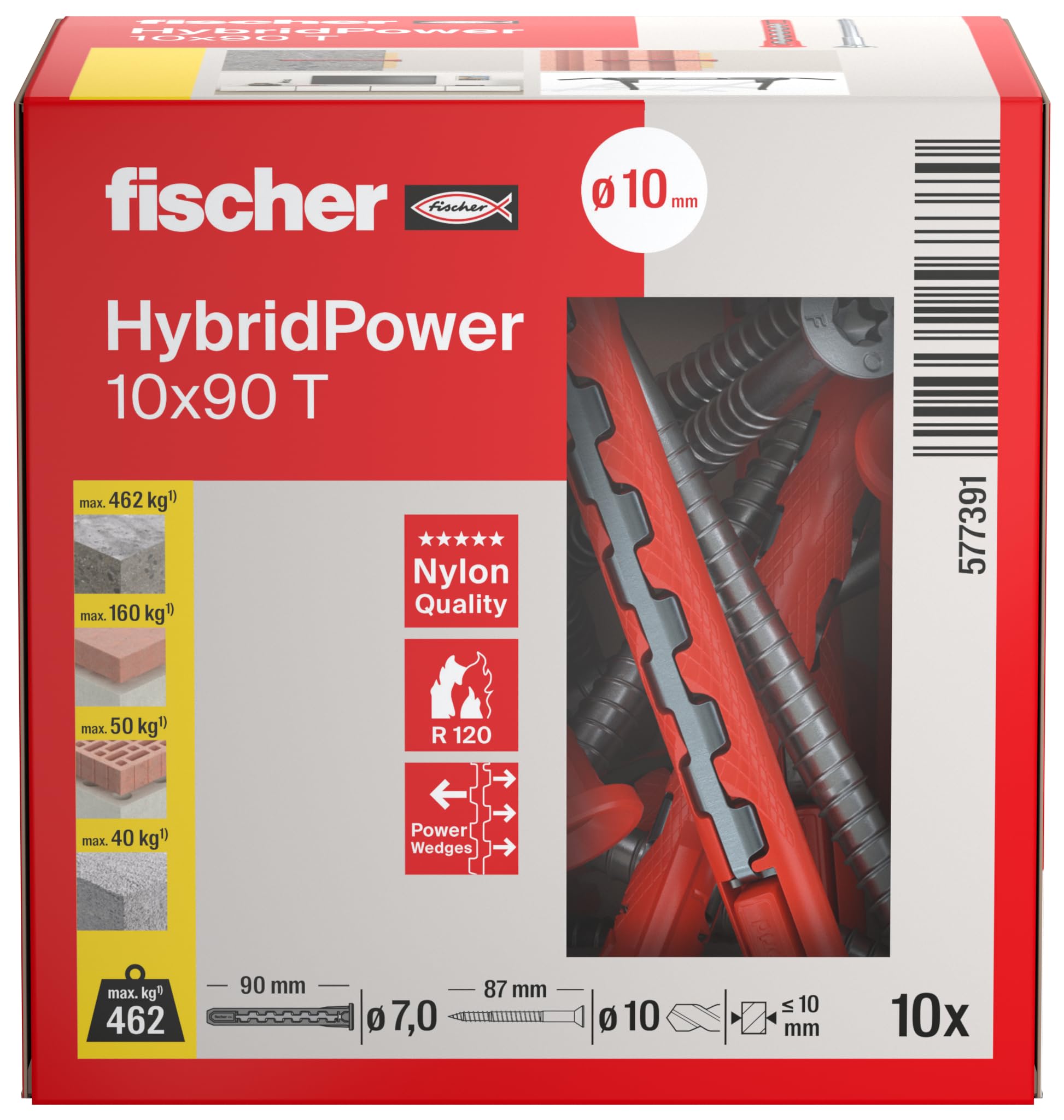 fischer HybridPower 10 x 90 T, tacos para máxima capacidad de carga y seguridad, fácil montaje sin herramientas de montaje, universal para materiales perforados y sólidos, mampostería, hormigón