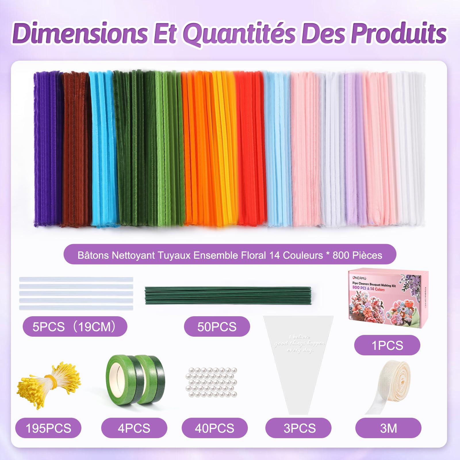 800 PCS Fil Chenille 14 Couleur Cure Pipe Chenilles DIY Loisirs Creatifs | Pipe Cleaners Comprenant : Ruban Adhésif Floral, Tiges Artificielles, Ruban Décoratif, Perles, Pistils et Bâtons,Colle Chaude