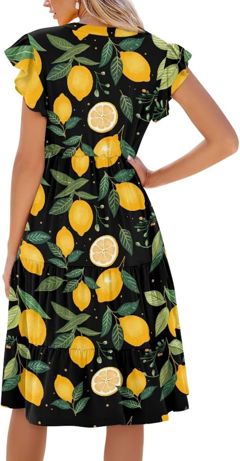 INSTANTARTS Women's Summer V-Neck Dresses A-Line Patchwork Short Sleeve Dress with Pocket Waist-Defining Beach Sundress