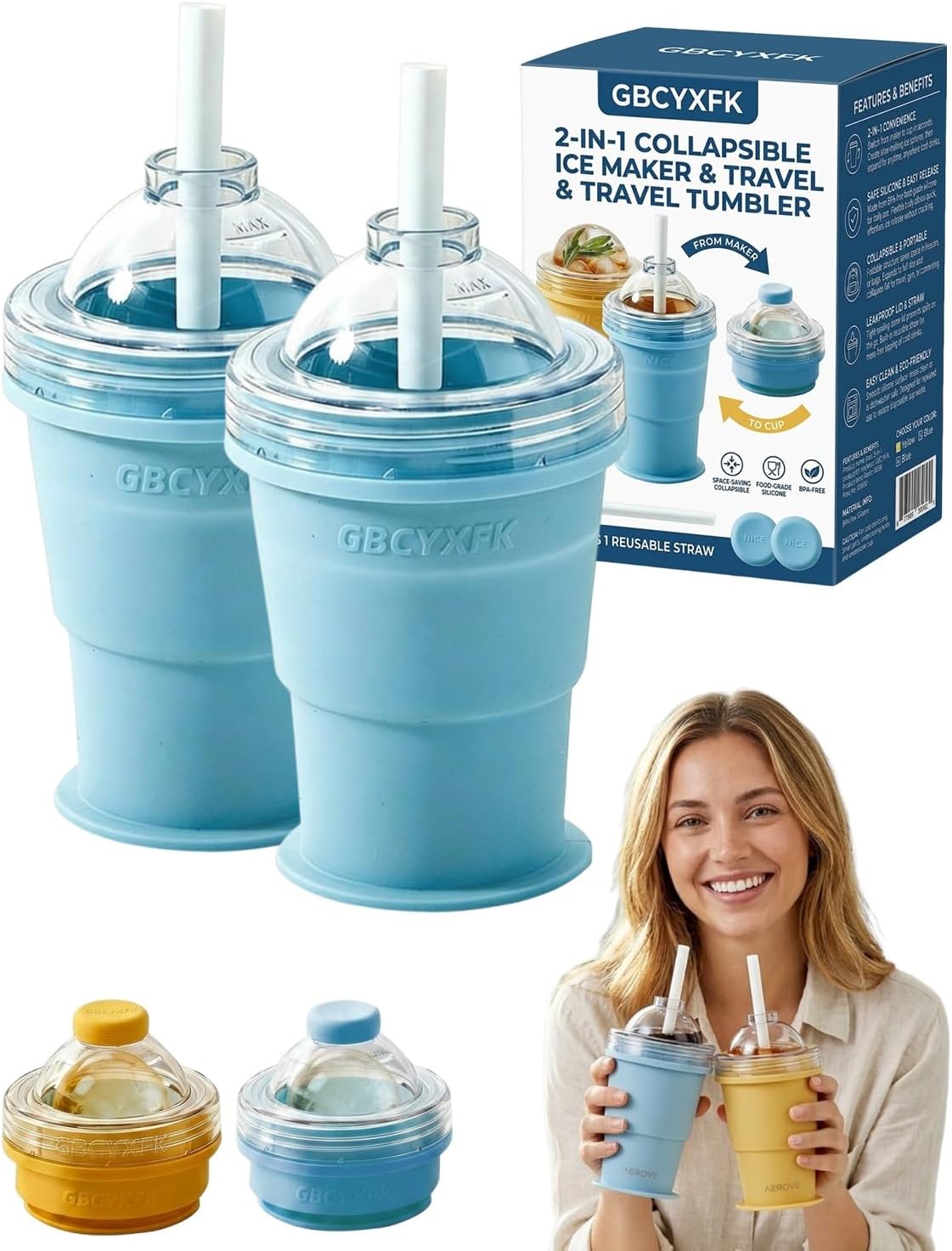 Ice Cube Tray with Lid Silicone Ices Sphere Ball Mold Cube Maker Straw Cup Bottle Portable Reusable 2 in 1 Collapsible Round Travel Tumbler Foldable Leakproof Touch Free Summer for Coffee