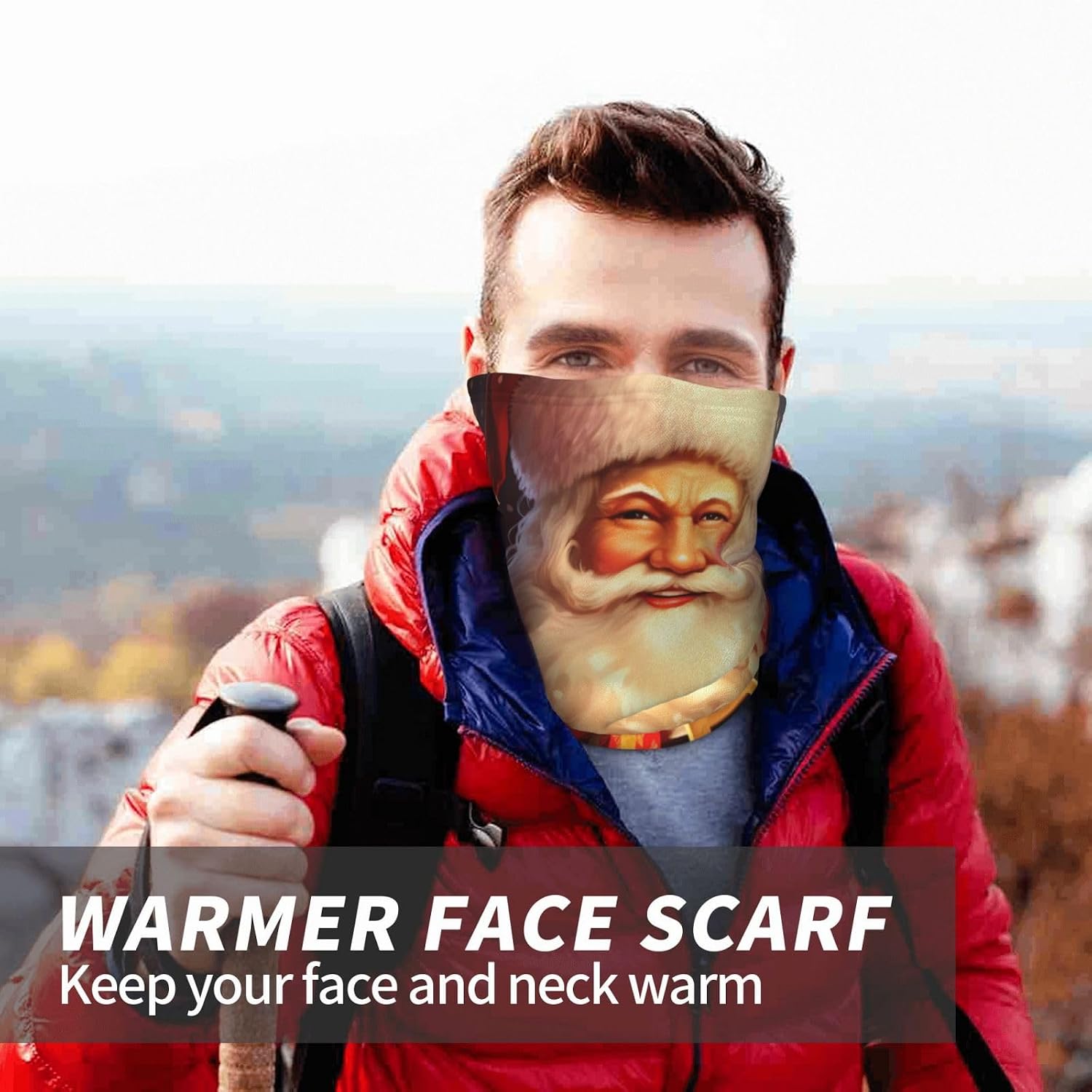 Neck Warmer Winter, Merry Christmas Santa Claus Print For Cold Weather Winter Face Mask,Thick Warm Neck Gaiter Face Scarf,For Men Women Skiing Cycling - With Rope