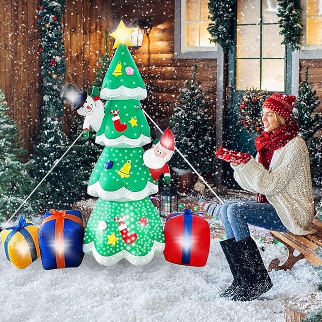 7FT Inflatable Christmas Tree, Lighted Christmas Tree Inflatable,Blow up with Self Inflating Electric Lighted, Indoor, Yard, Funny Xmas Garden Party Decoration Lawn Décor