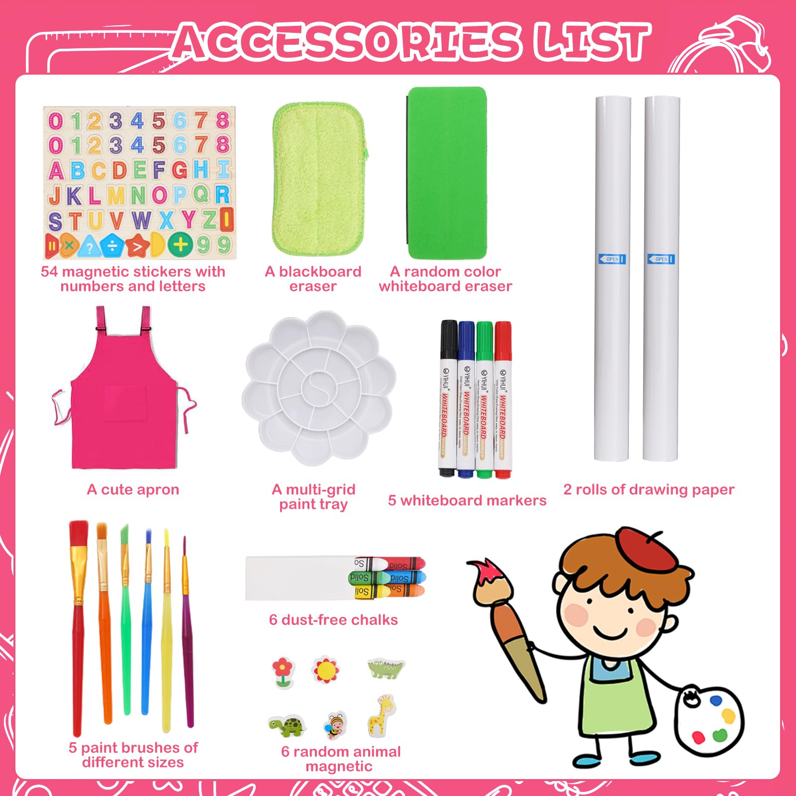 3 in 1 Lavagna per Bambini con Rotolo di Carta,Contenitore e Set da Disegno,Cavalletto Artistico Pieghevole,Lavagna Doppia Faccia,Tavolo da Disegno per Bambini Dai 3 Anni in Su Rosa