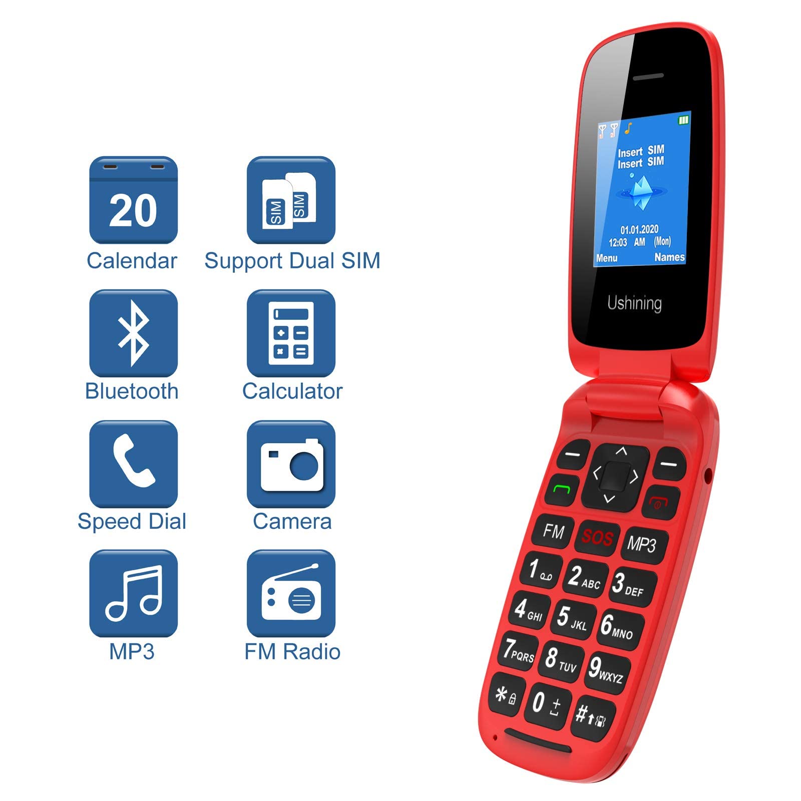 USHINING GSM Telefono Cellulare per Anziani, Telefono Cellulare a Conchiglia con Tasti Grandi Funzione SOS, Cellulare per Anziani Facile da Usare - Rosso