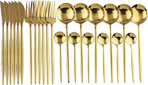 Miniatura 2 de 24 piezas de acero inoxidable 304 oro vajilla cubiertos con caja de oro incluye cuchillotenedorcuchara, servicio para 6, espejo pulido, apto para