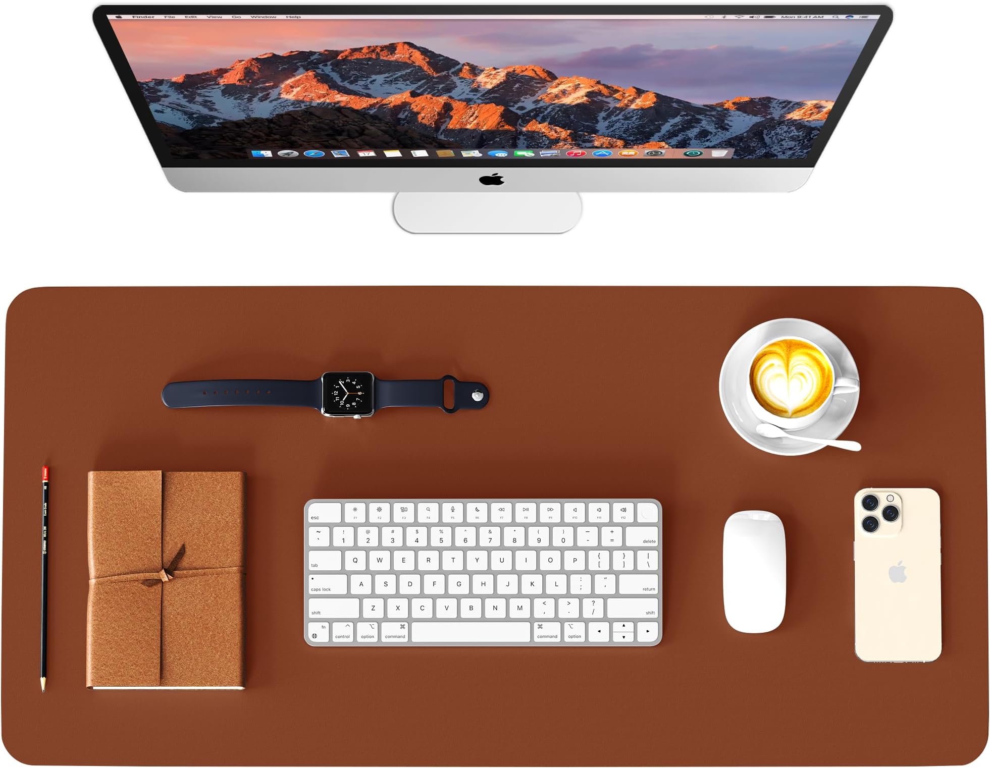 WAYBER Leather Desk Pad Protector, Waterproof Mouse Pad, PU Desk Mat, Office Desk Cover, Desk Writing Mat for Office/Home/Work/Cubicle (Brown/Gray) 31.5x15.8 in