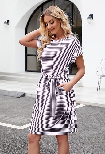 Miniatura 5 de MEROKEETY - Vestido de verano con manga corta, a rayas, casual, estilo camiseta, con lazo en la cintura y bolsillos, para mujer