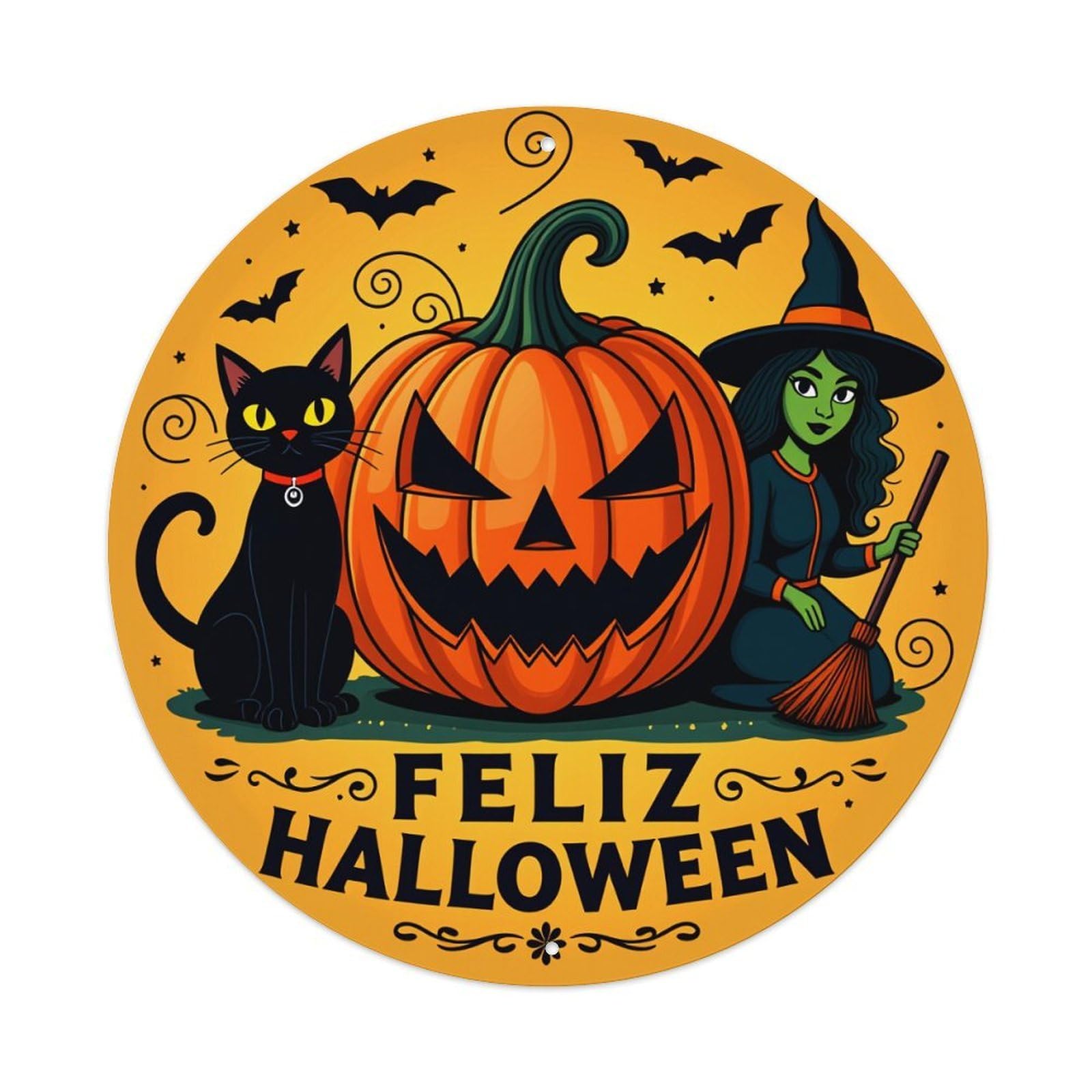 Pumpkin Witch Cat Bats Bat Round Tin Sign Vintage Style Metal Sign Home Bar Garden Wall Plaque Decor Metal Poster 8x8 Inch