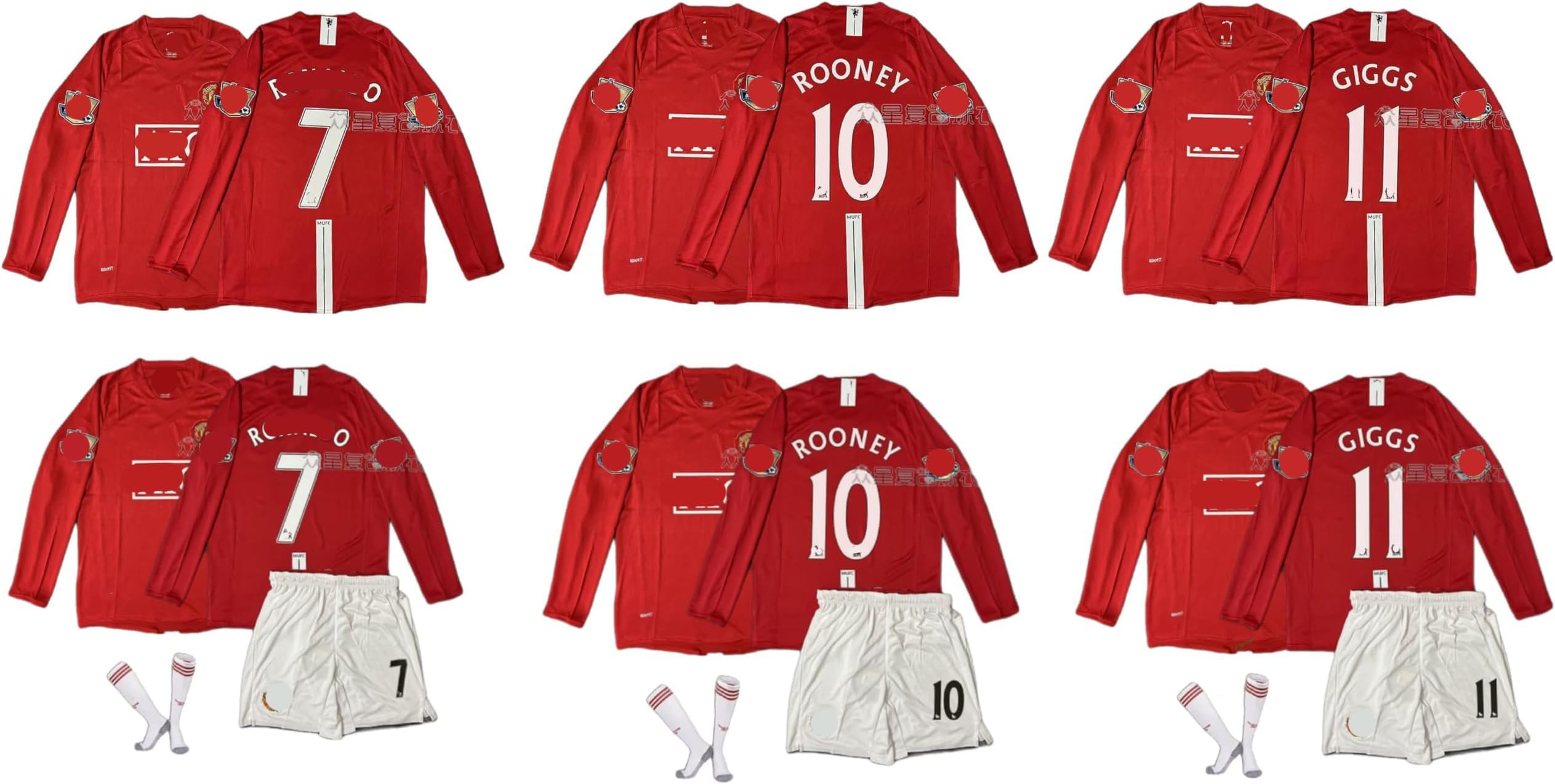 [HALASRTB] 2007-2008年 マンチェスター・ユナイテッド サッカー ユニフォーム ロナウド ウェイン・ルーニー ギグス ユニフォーム 長袖 復古ユニホーム 腕章がある 大人 ジュニア 記念シャツ 非公式