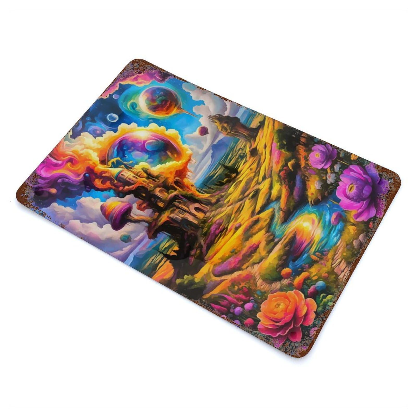 Psychedelic Fantasy Landscape with Castle 11.8"x7.9" Rusty Metal Tin Sign, Shabby Chic Decor for Bistro, Counter And Cafe Decor