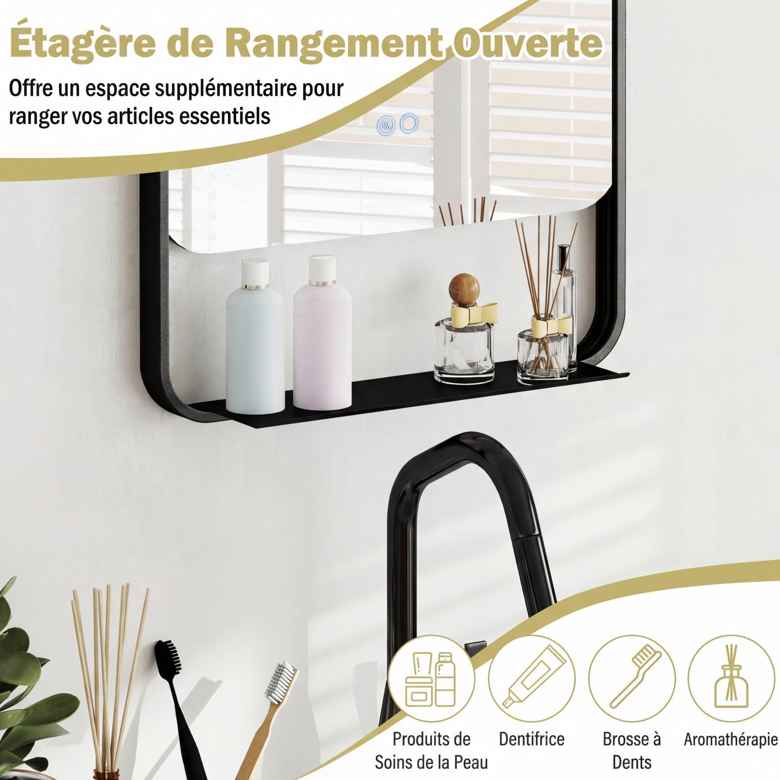 GOPLUS Miroir LED Salle de Bain avec Étagère, 88,5 x 50 cm Miroir Coiffeuse Mural avec Fonction Anti-buée, 3 Couleurs de Lumière, Luminosité Réglable, Cadre en Aluminium, pour Entrée, Chambre