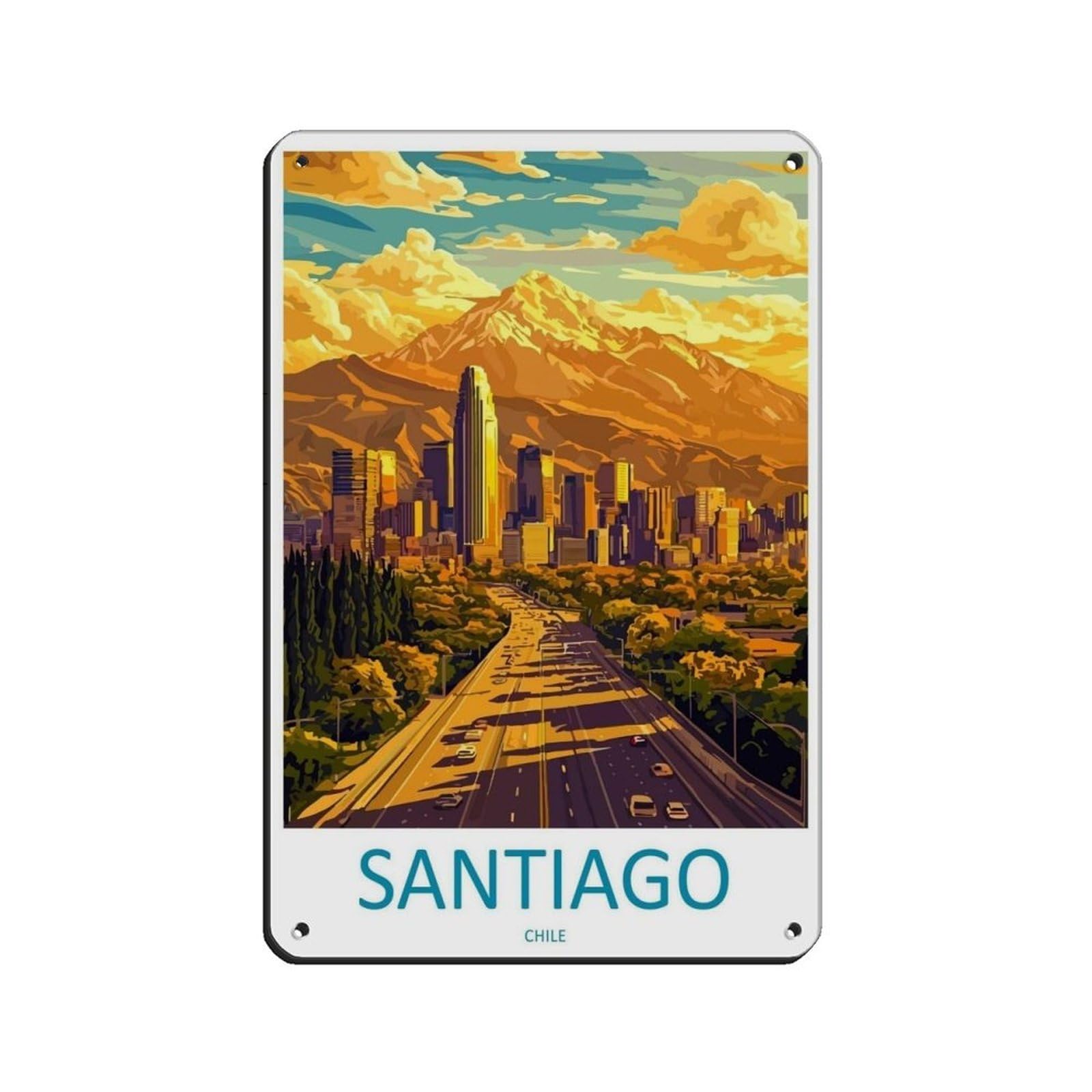 Santiago Chile Cartoon Travel Poster Tin Sign Vintage Metal Pub Club Cafe Bar Home Wall Art Decoration Poster Retro 8x12inch(20x30cm)