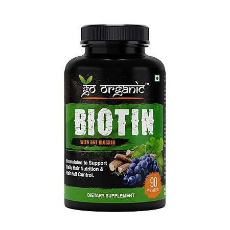 Go Organic Plant Based Biotin 10000 mcg With DHT Blocker (Rosemary Extract, Beta sitosterol, Pumpkin Seed, EGCG, Stringing Nettle, Tomato, Quercetin) for good looking Hair, 90 Capsules (Pack Of 1)