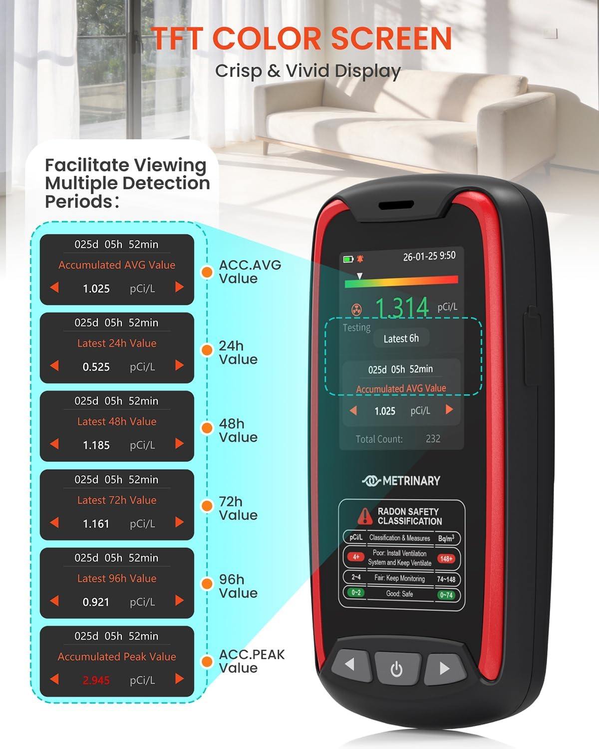 Radon Detector with TFT Color Display, Rechargeable Radon Monitor for Home Long Term Data Storage, Portable Radon Tester with Visual and Audible Alarm pCi/L or Bq/m³