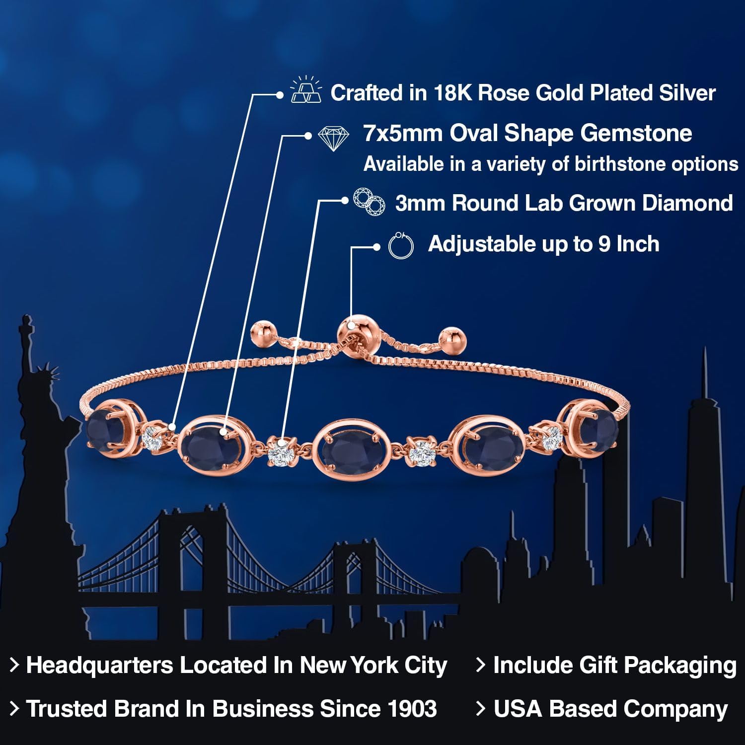 Gem Stone King 18K Rose Gold Plated Silver Blue Sapphire and Lab Grown Diamond Bracelet For Women | 5.40 Cttw | Gemstone September Birthstone | Oval 7X5MM | Fully Adjustable 9 Inch - Image 2