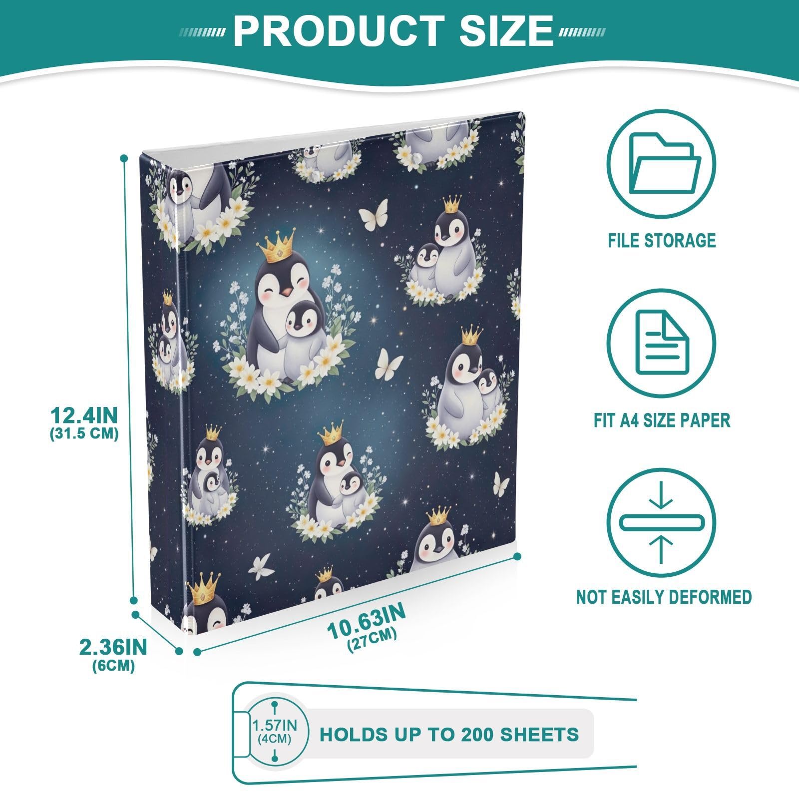 Lot de 2 classeurs à 3 anneaux en forme de pingouins mignons bleu foncé avec porte-bloc pour l'école, l'université, le bureau