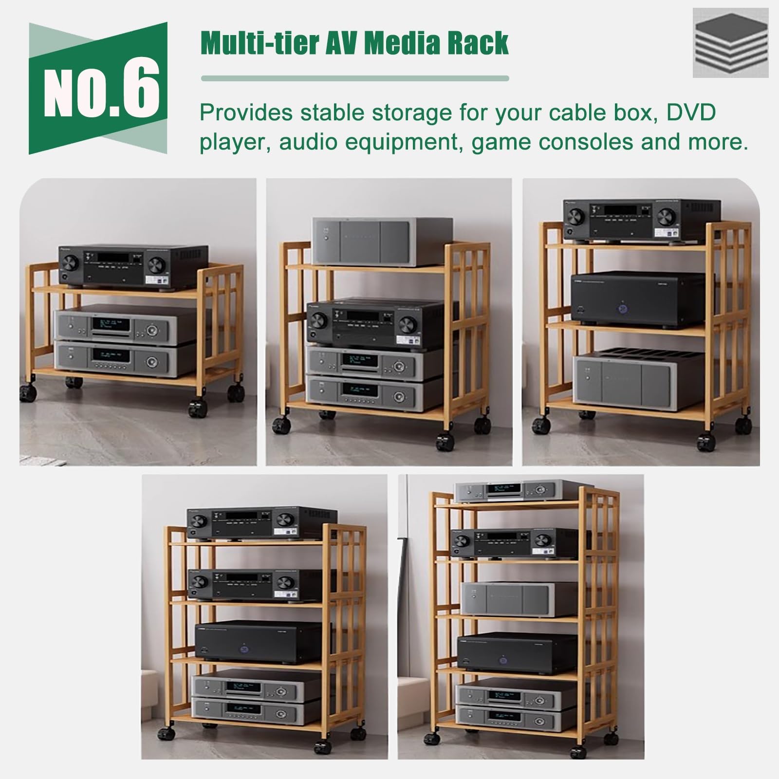 Étagère d'angle réglable en hauteur avec roulettes 5 niveaux en bambou pour lecteurs TV, lecteurs DVD, boîtes de câbles, support de rangement pour matériel audio