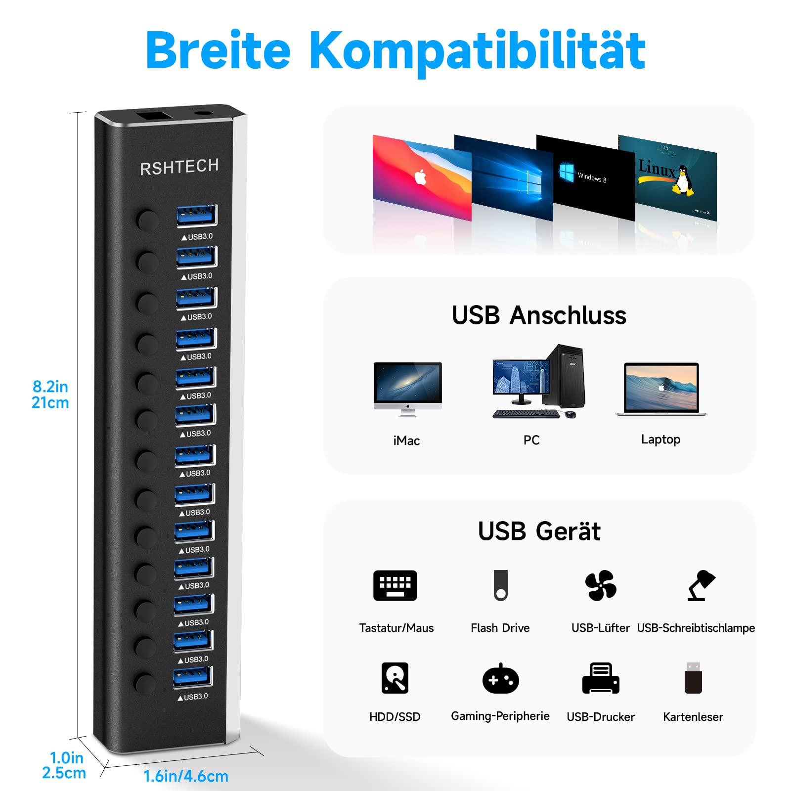 Hub USB z zasilaczem, RSHTECH aluminiowy koncentrator USB Aktiv 3.0 z zasilaczem 72 W (12 V/6 A), 13-portowy koncentrator USB aktywny z kablem do transmisji danych 100 cm, do ładowania i przesyłania