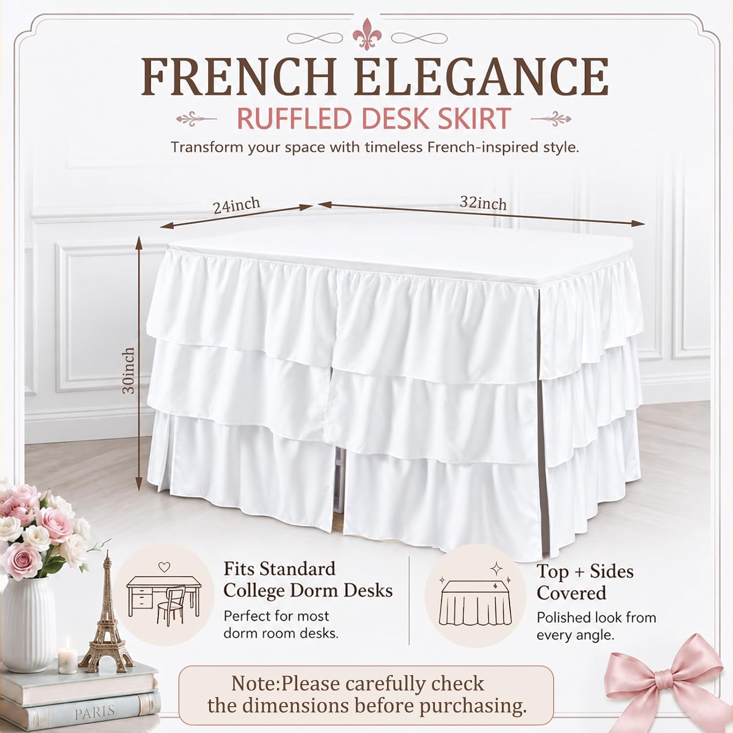 Breling White Three Layer Ruffled Dorm Desk Skirt, 32" L x 30" H x 24" W image 2