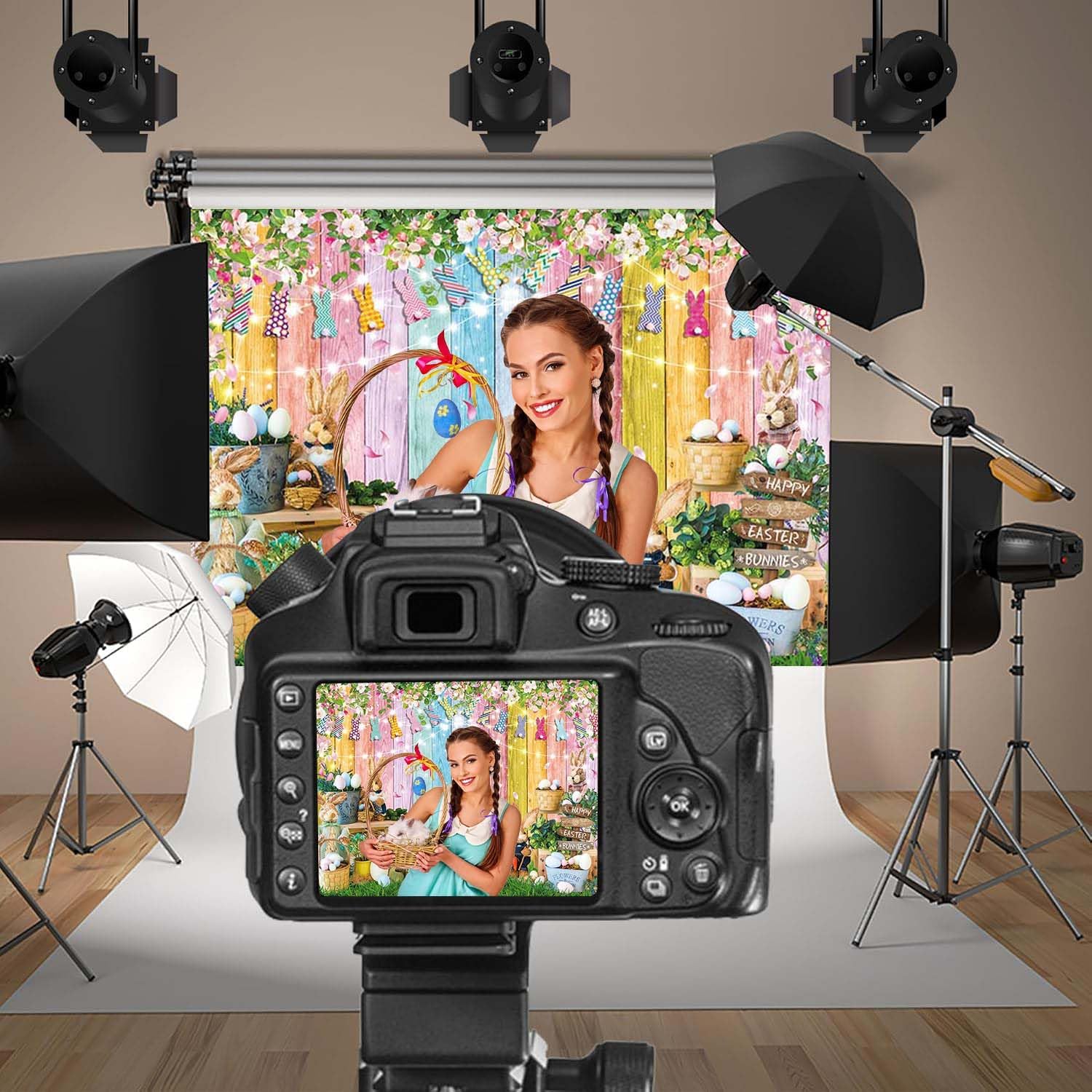 Spring Easter Backdrop Banner Happy Easter Colorful Wooden Photo Background Eggs Rabbit Grass Colorful Wood Wall Party Decoration Banner Booth Props (10x8FT(120x96 inch))