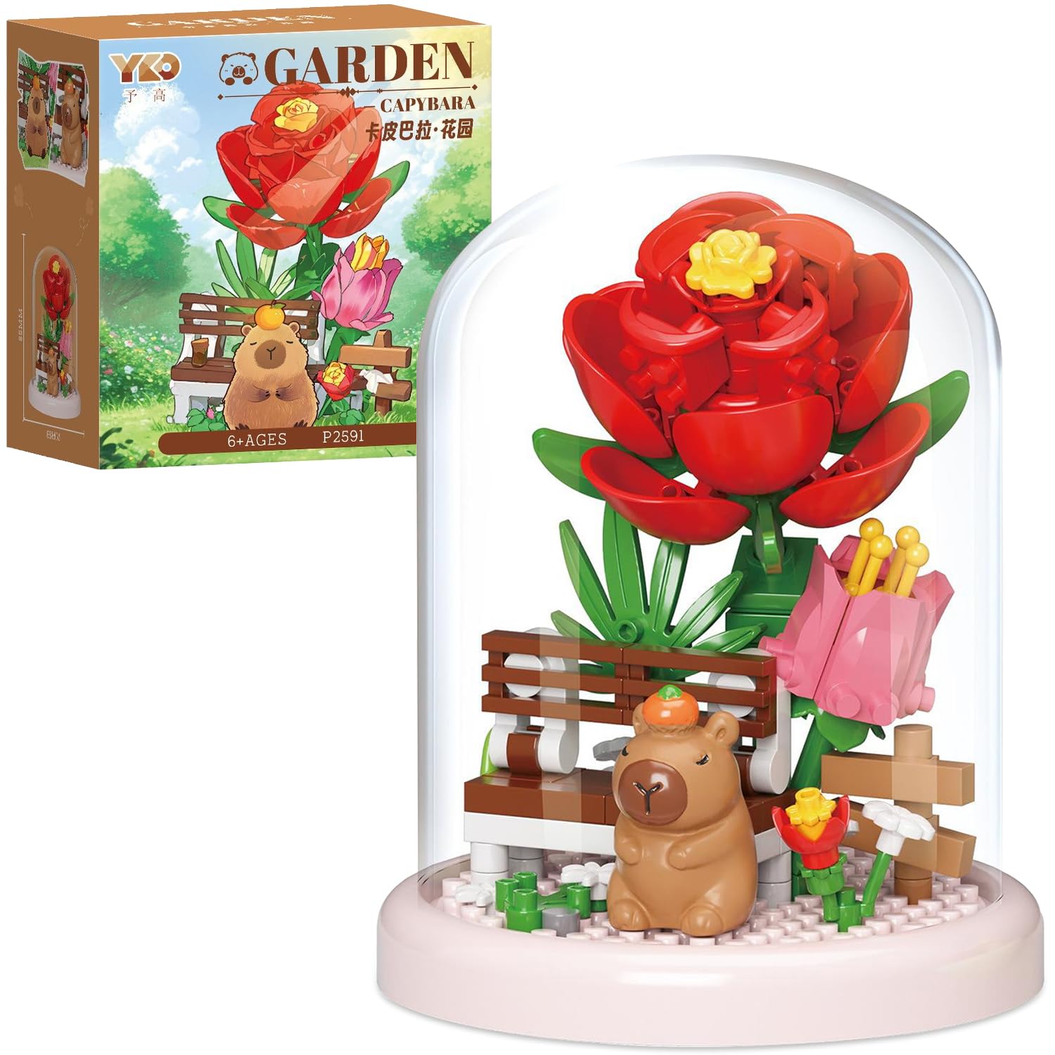 Capybara Flower Building Set with Dust Cover, Capybara Bouquet Mini Building Blocks, DIY Animals Plants Bonsai Tree Building Kit,Creative Desktop Decor Toy for Kids and Adults (183 PCS)-D