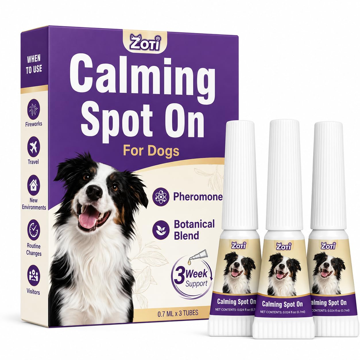 ZOTI Calming Spot On for Dogs with Pheromone & Herbal Extracts Dog Calm Helps Reduce Signs of Stress from Fireworks Thunderstorms Travel & Vet Visits 1 Pipette Lasts Up to 1 Week 3 x0.7 ml