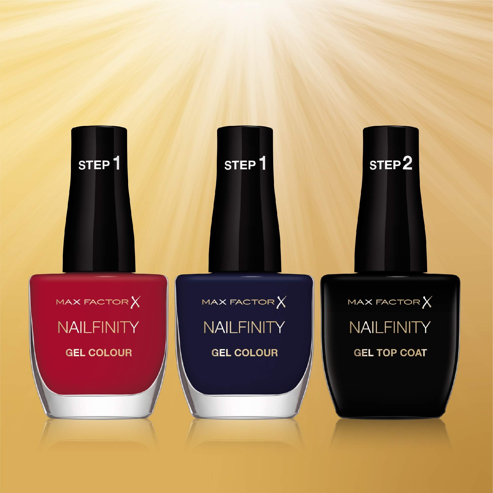 Max Factor Nailfinity Gel Nail Varnish 3P Set, Red Carpet Ready 310, Backstage 875, The Finale Gel Top Coat 100