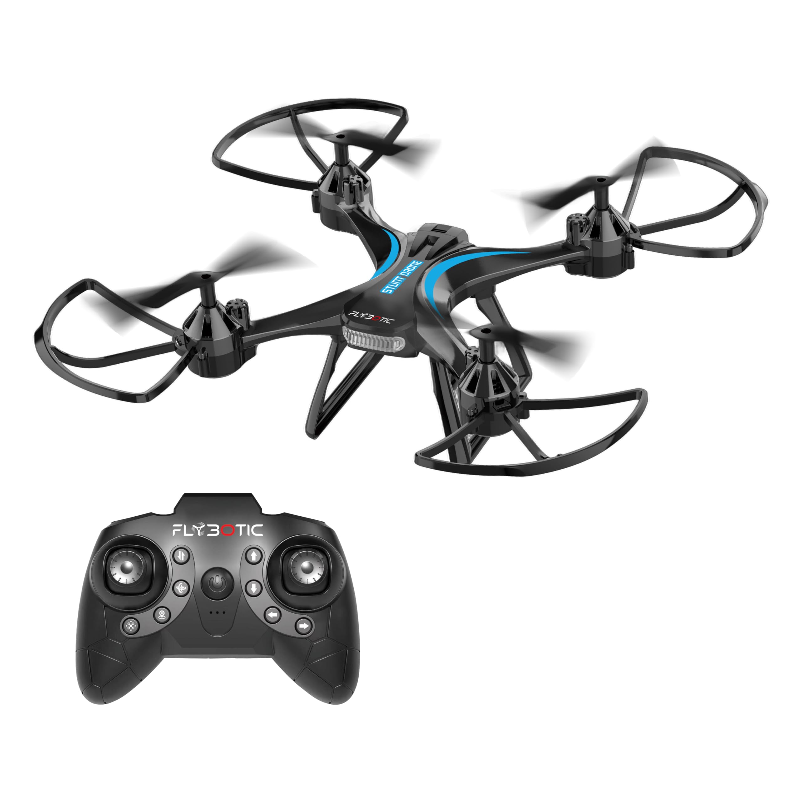 Flybotic - Stunt Drone – Drone Télécommandé 2,4 GHz – Décollage & Atterrissage Automatiques – Vol Stationnaire – Cascades 360° – 3 Vitesses – 2 Batteries Incluses – RC Débutant Enfant/Adolescent